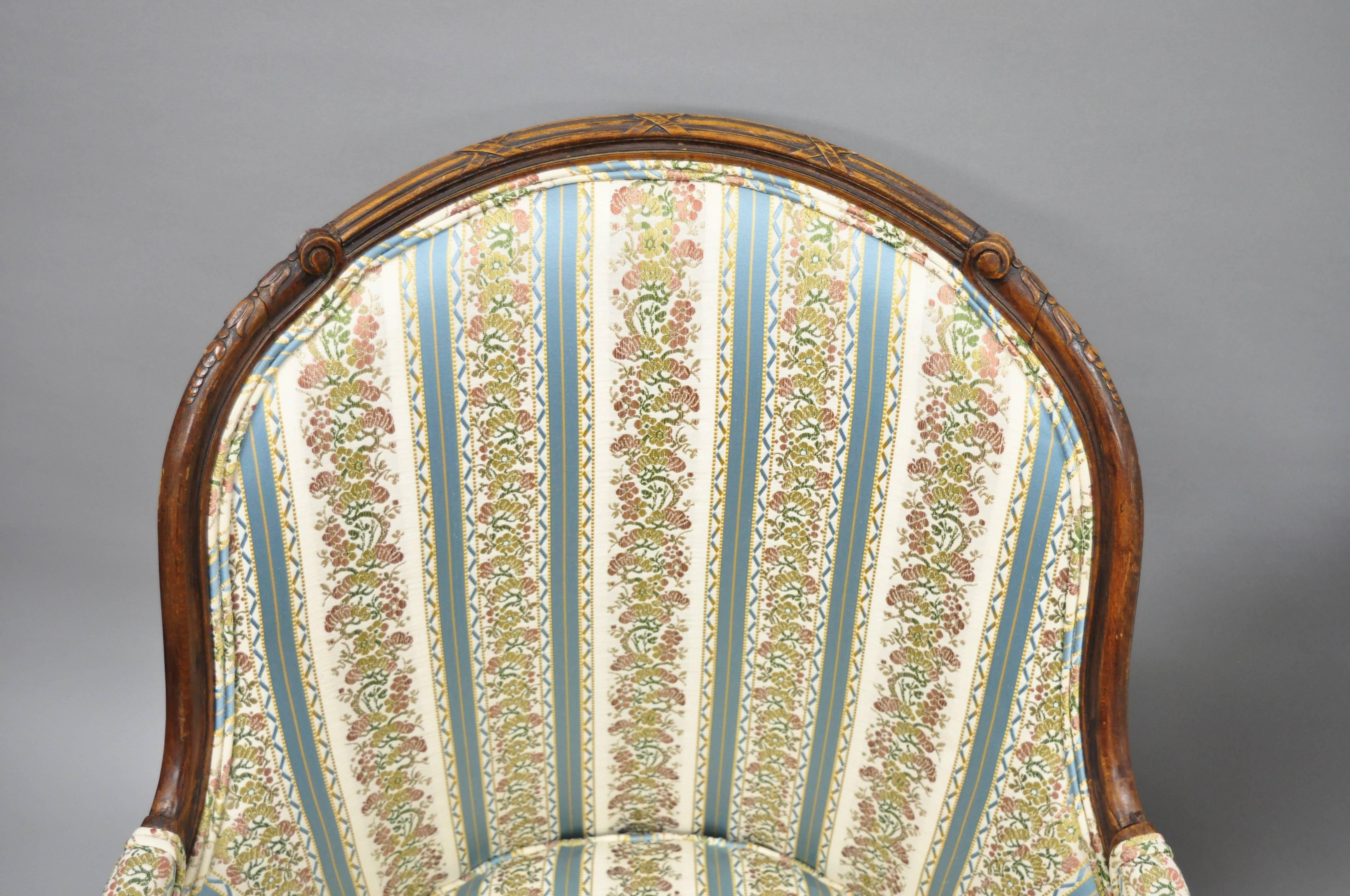 Pair French Louis XVI Directoire Maison Jansen Style Walnut Bergere Arm Chairs 2
