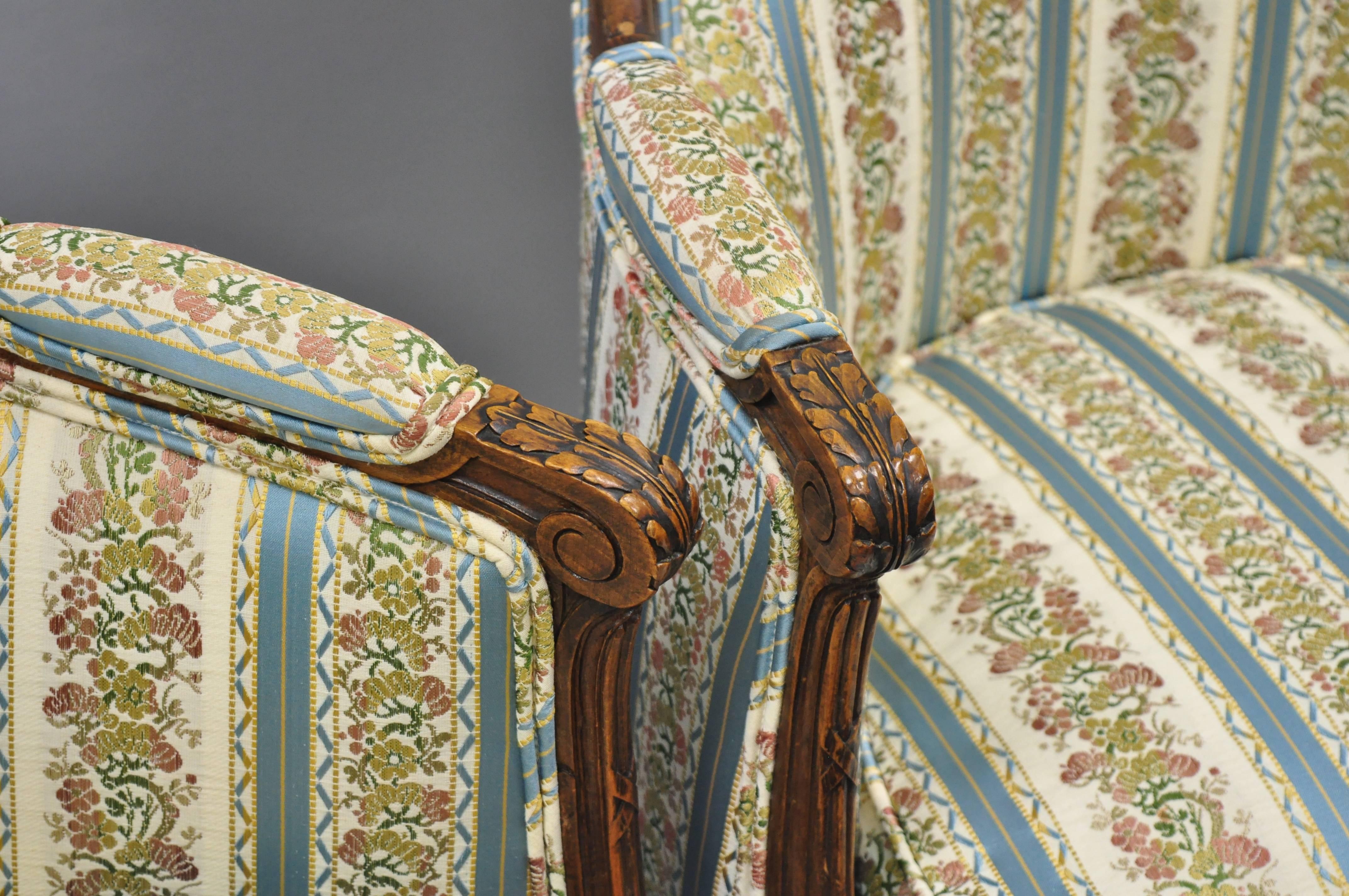 Pair French Louis XVI Directoire Maison Jansen Style Walnut Bergere Arm Chairs 3