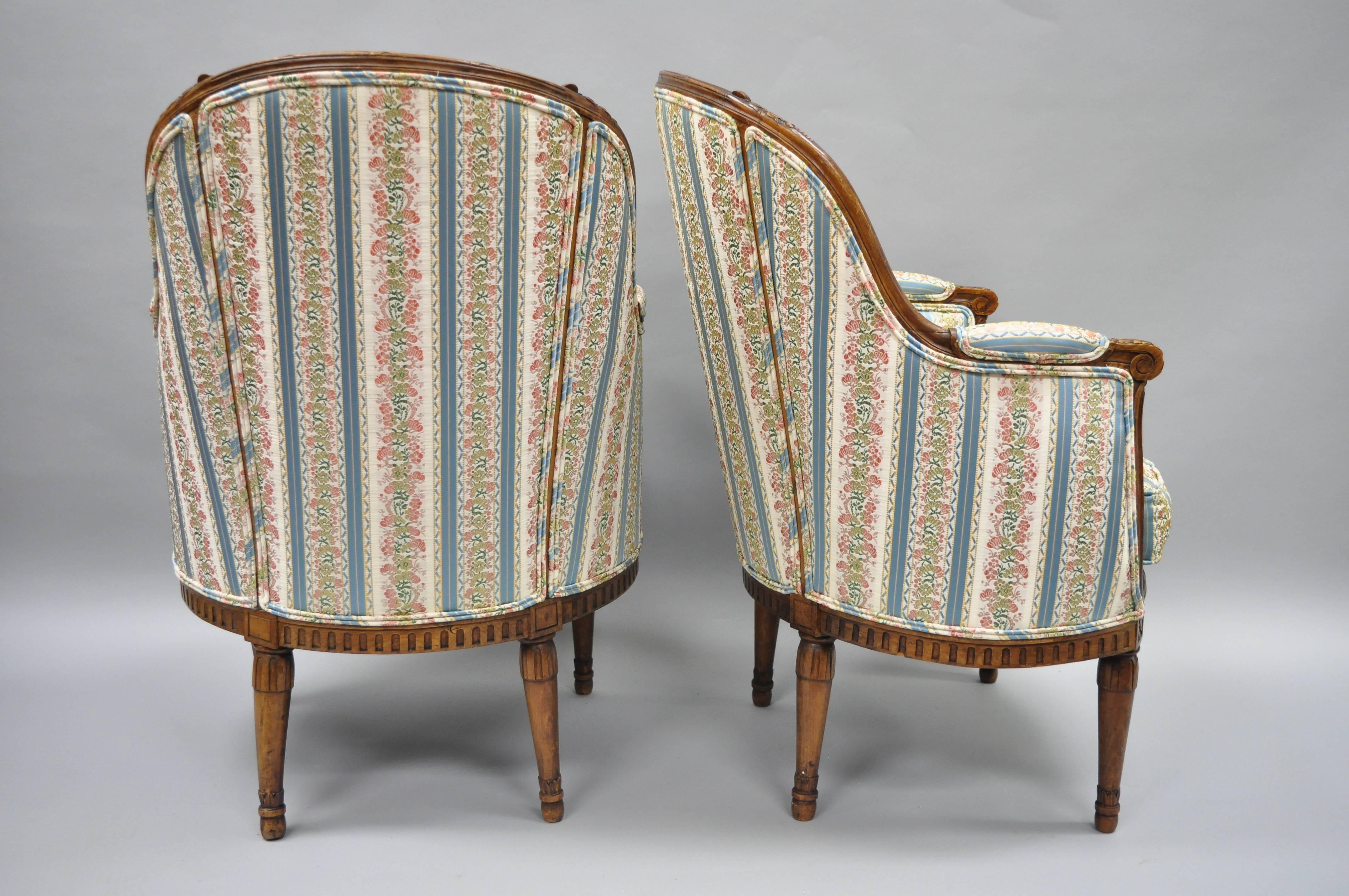 Pair French Louis XVI Directoire Maison Jansen Style Walnut Bergere Arm Chairs 4