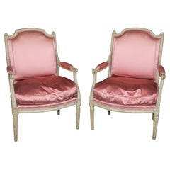 Pair of French Louis XVI Distressed Painted 18th Century Period Armchairs