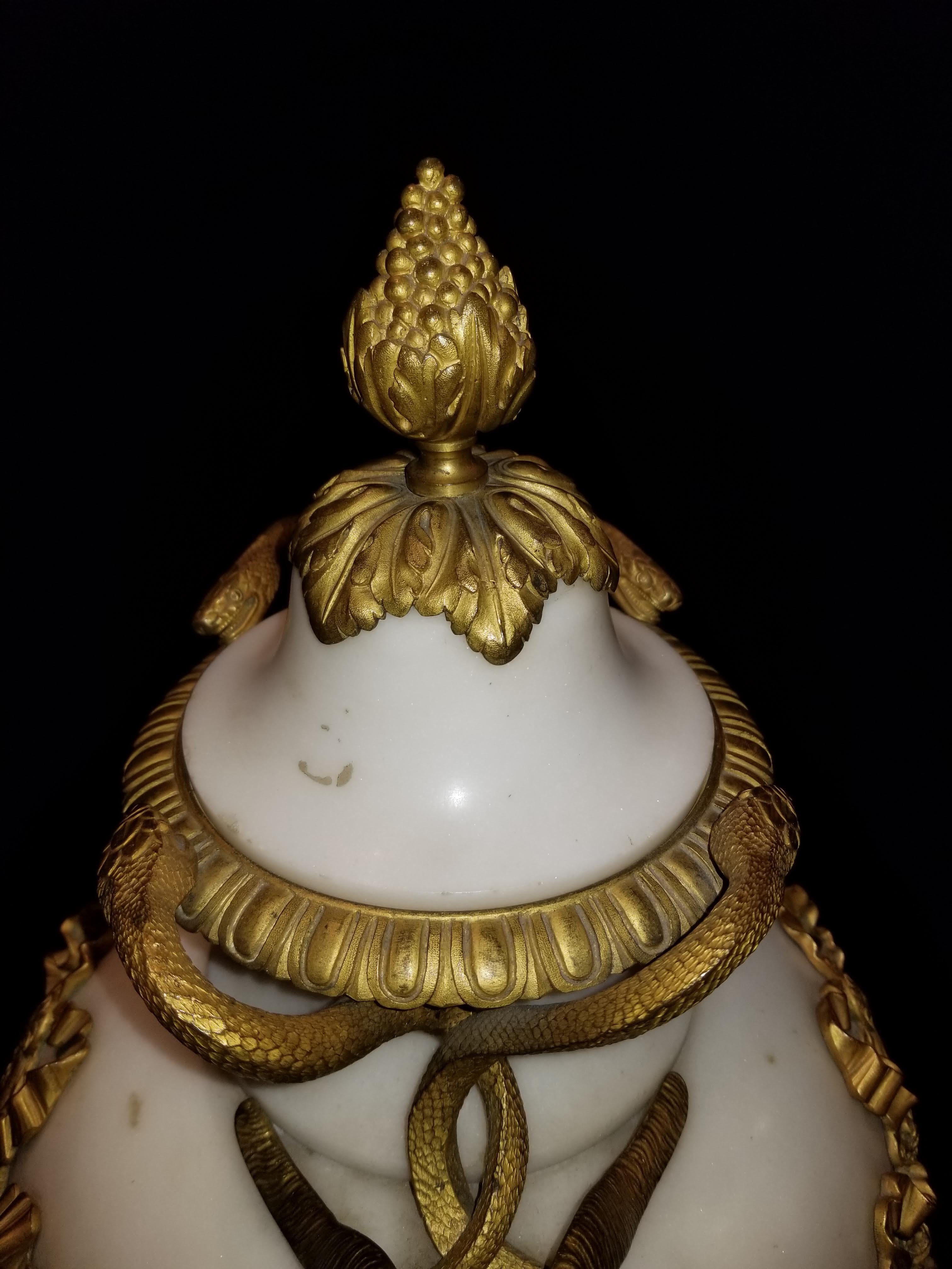 Pair of French Louis XVI Doré Bronze and White Carrara Marble Covered Vases For Sale 6