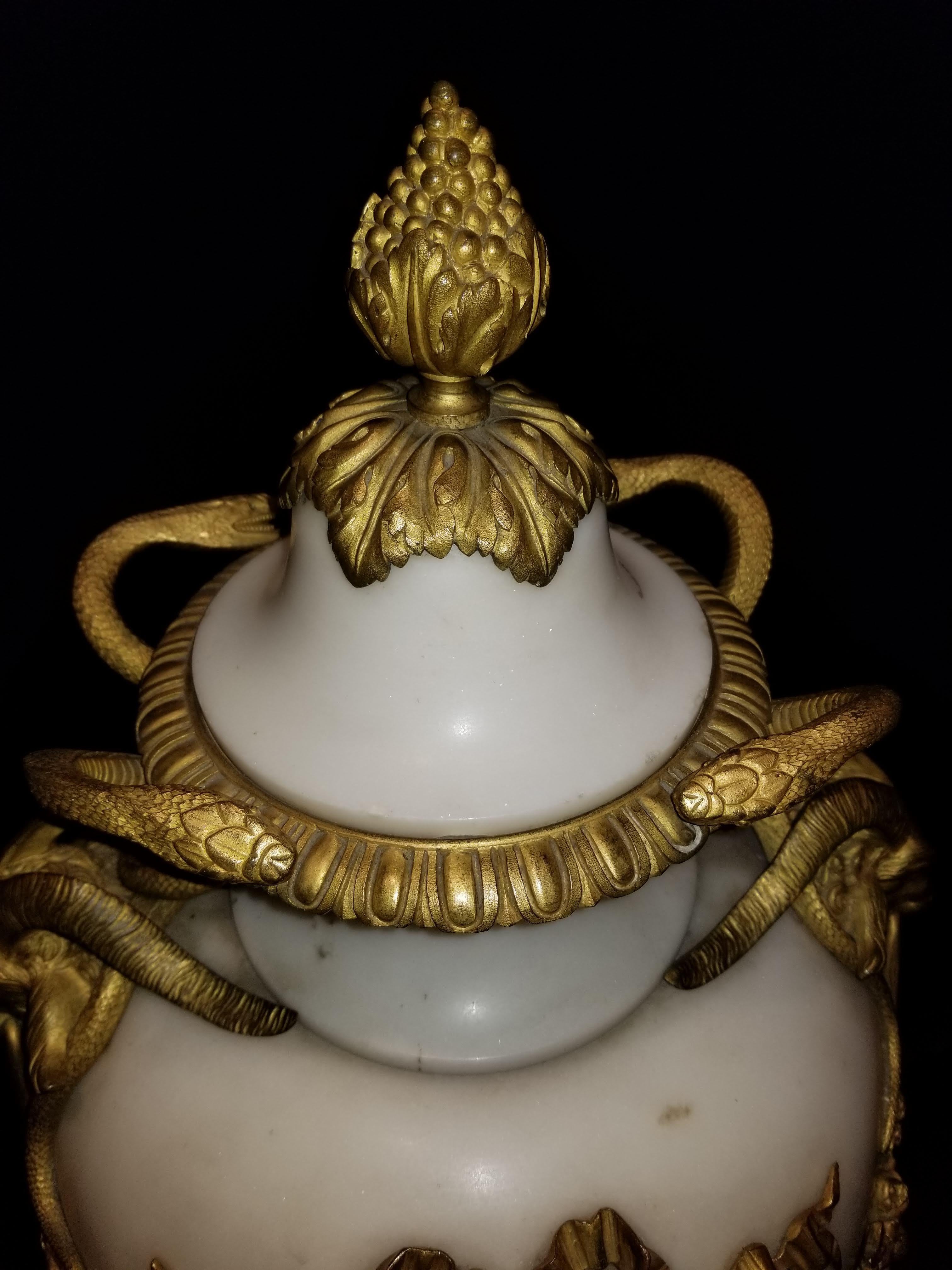 Pair of French Louis XVI Doré Bronze and White Carrara Marble Covered Vases For Sale 7