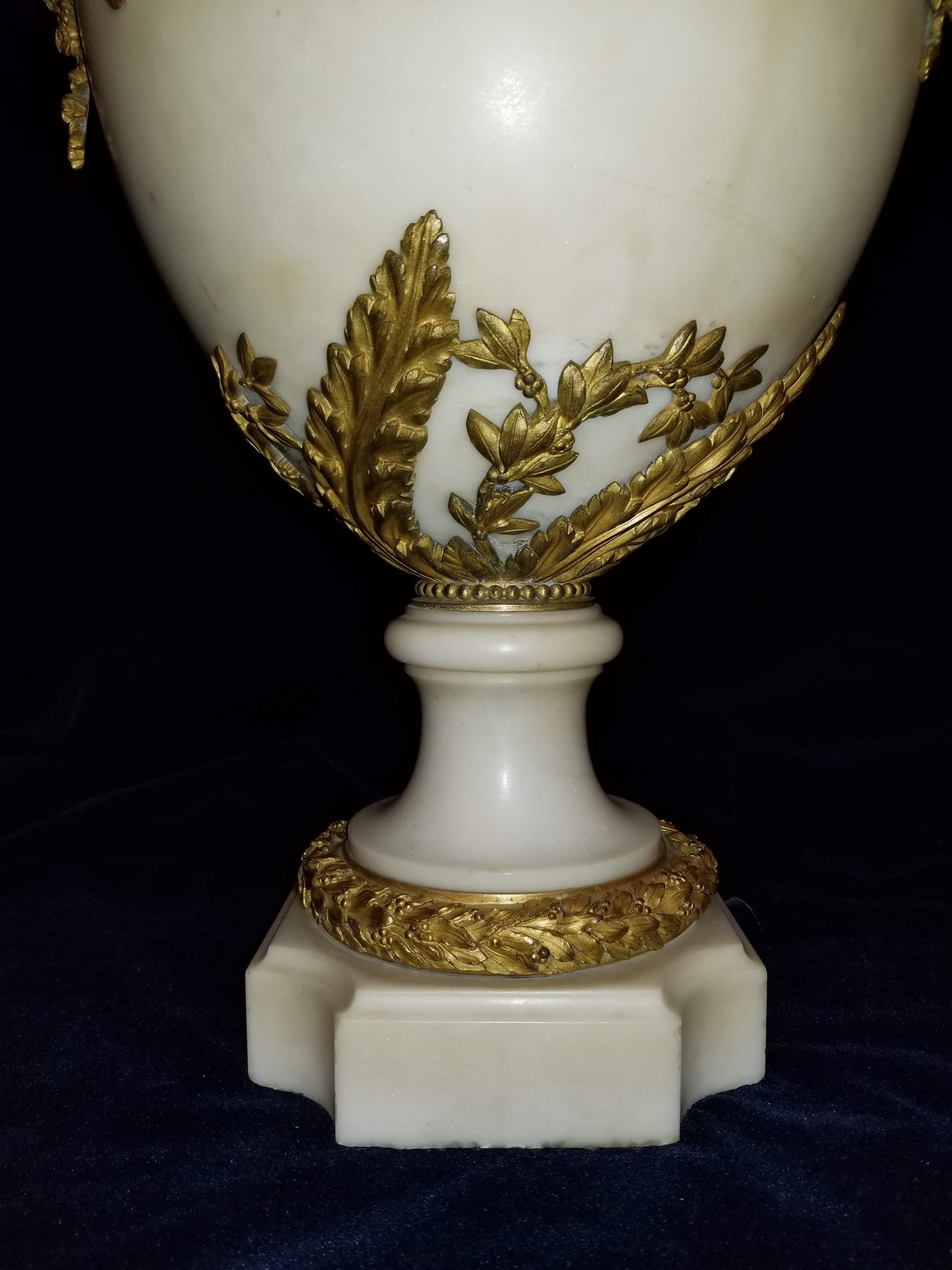 Pair of French Louis XVI Doré Bronze and White Carrara Marble Covered Vases For Sale 9