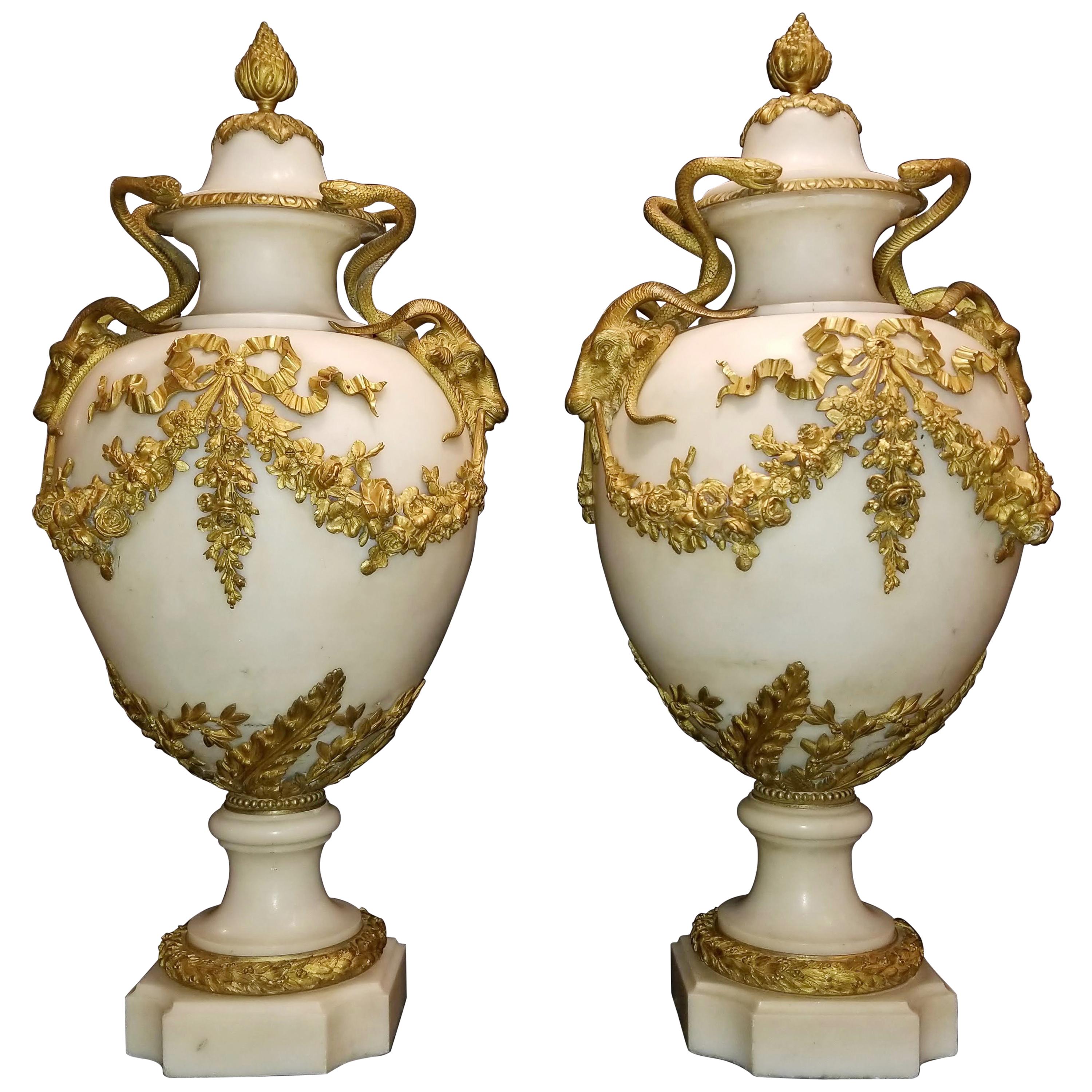 Pair of French Louis XVI Doré Bronze and White Carrara Marble Covered Vases For Sale