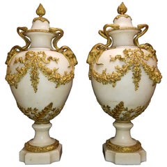 Antique Pair of French Louis XVI Doré Bronze and White Carrara Marble Covered Vases