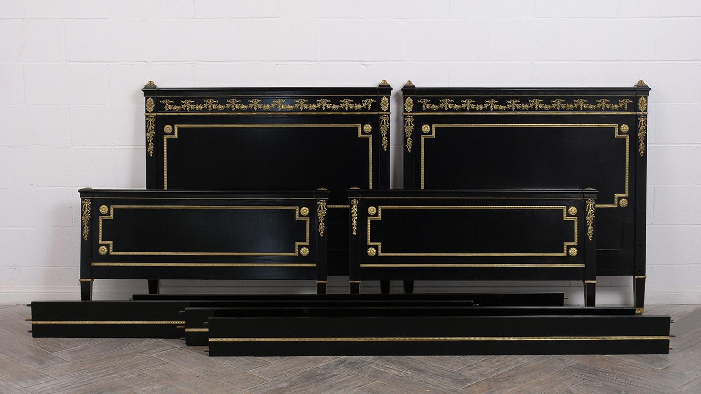 Bronze Pair of French Louis XVI Ebonized Twin-Size Bed Frames