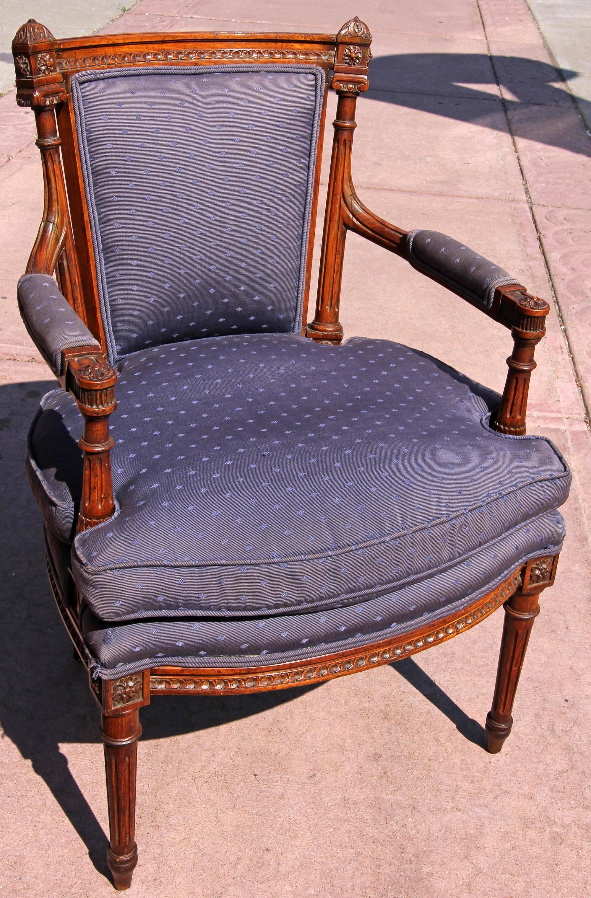 Upholstery Pair of French Louis XVI Fauteuils, 19th Century