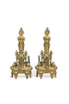 Pair of French Louis XVI Flame Lyre Andirons