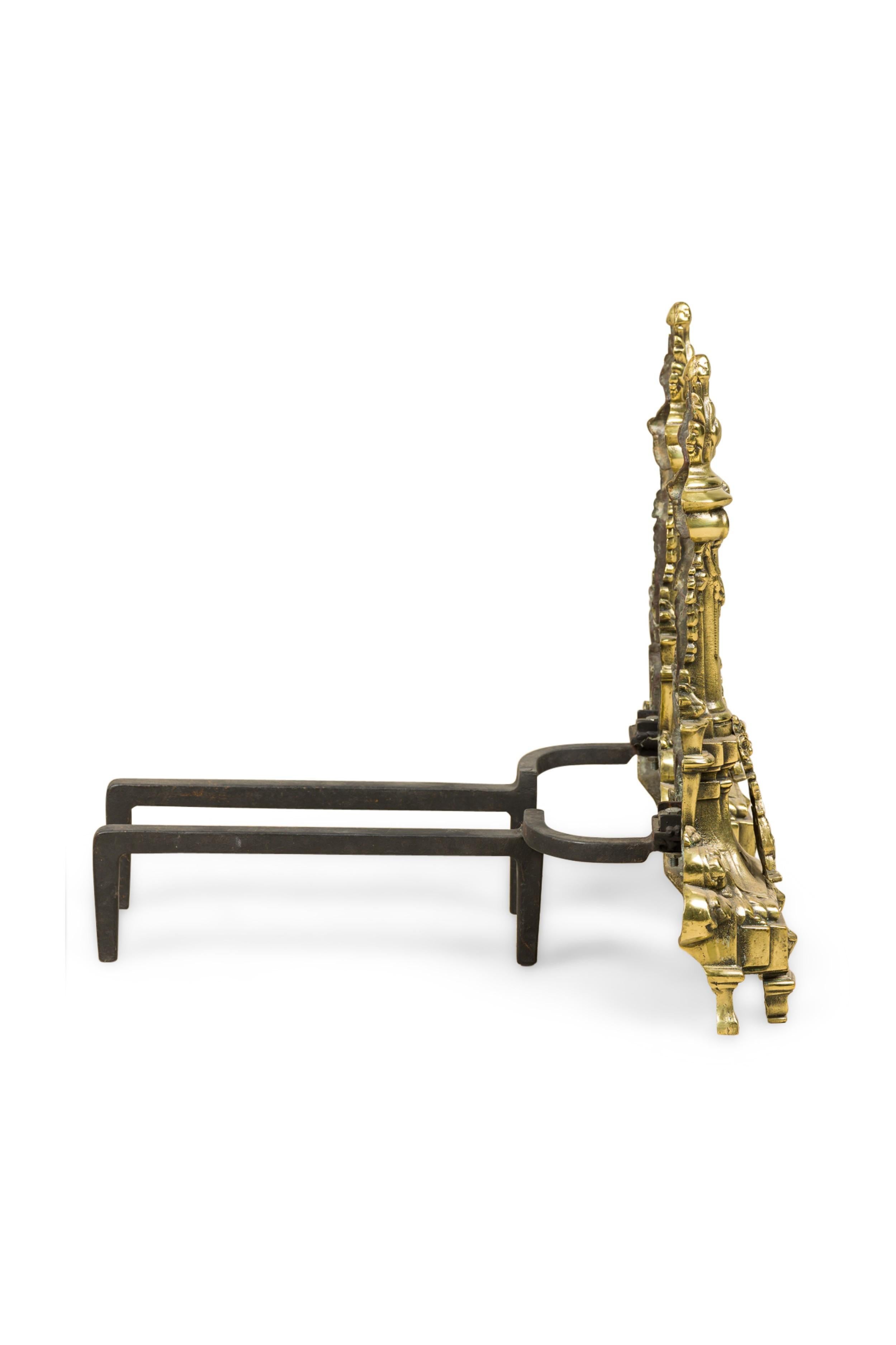 Bronze Pair of French Louis XVI Flame Lyre Andirons For Sale