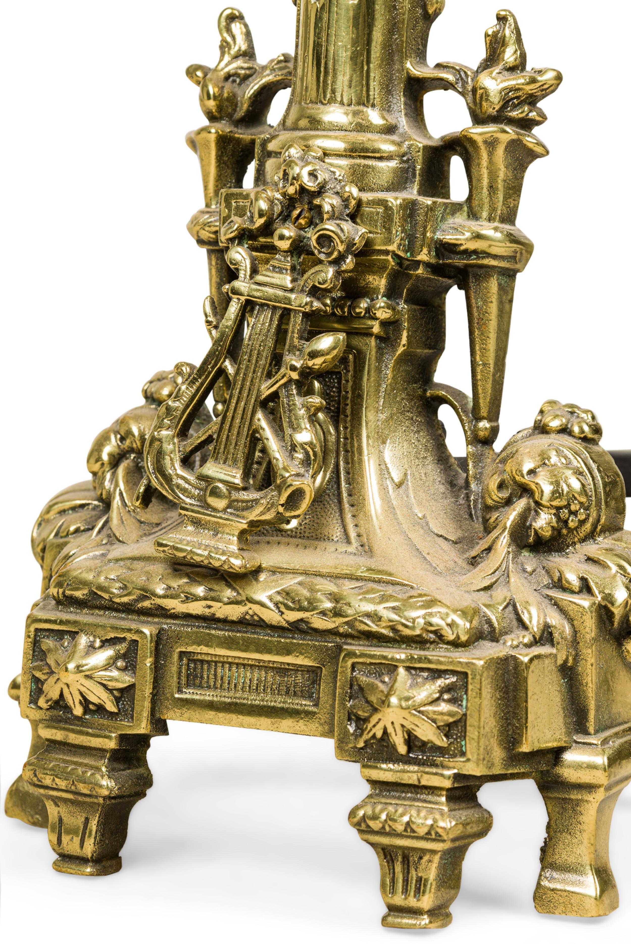 Pair of French Louis XVI Flame Lyre Andirons For Sale 2