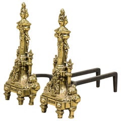Pair of French Louis XVI Flame Lyre Andirons