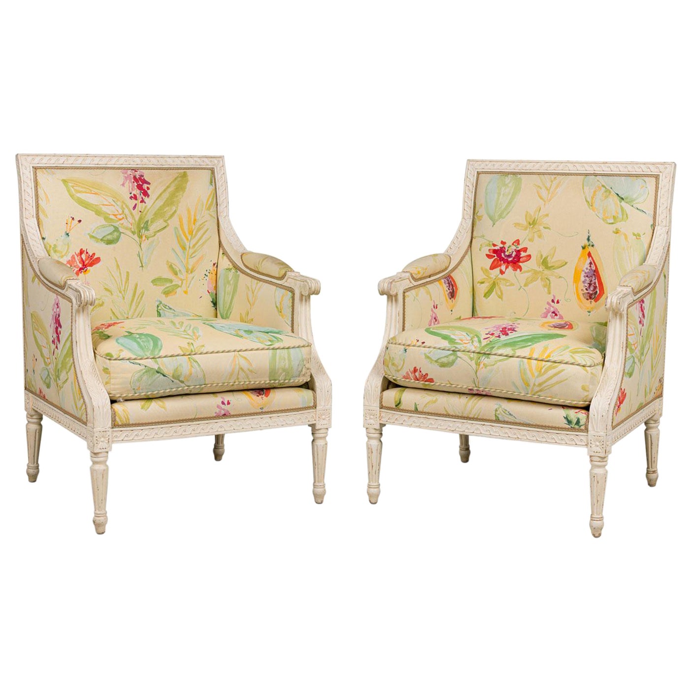 Pair of French Louis XVI Floral Upholstered Bergere Armchairs