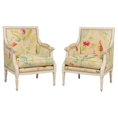 Pair of French Louis XVI Floral Upholstered Bergere Armchairs
