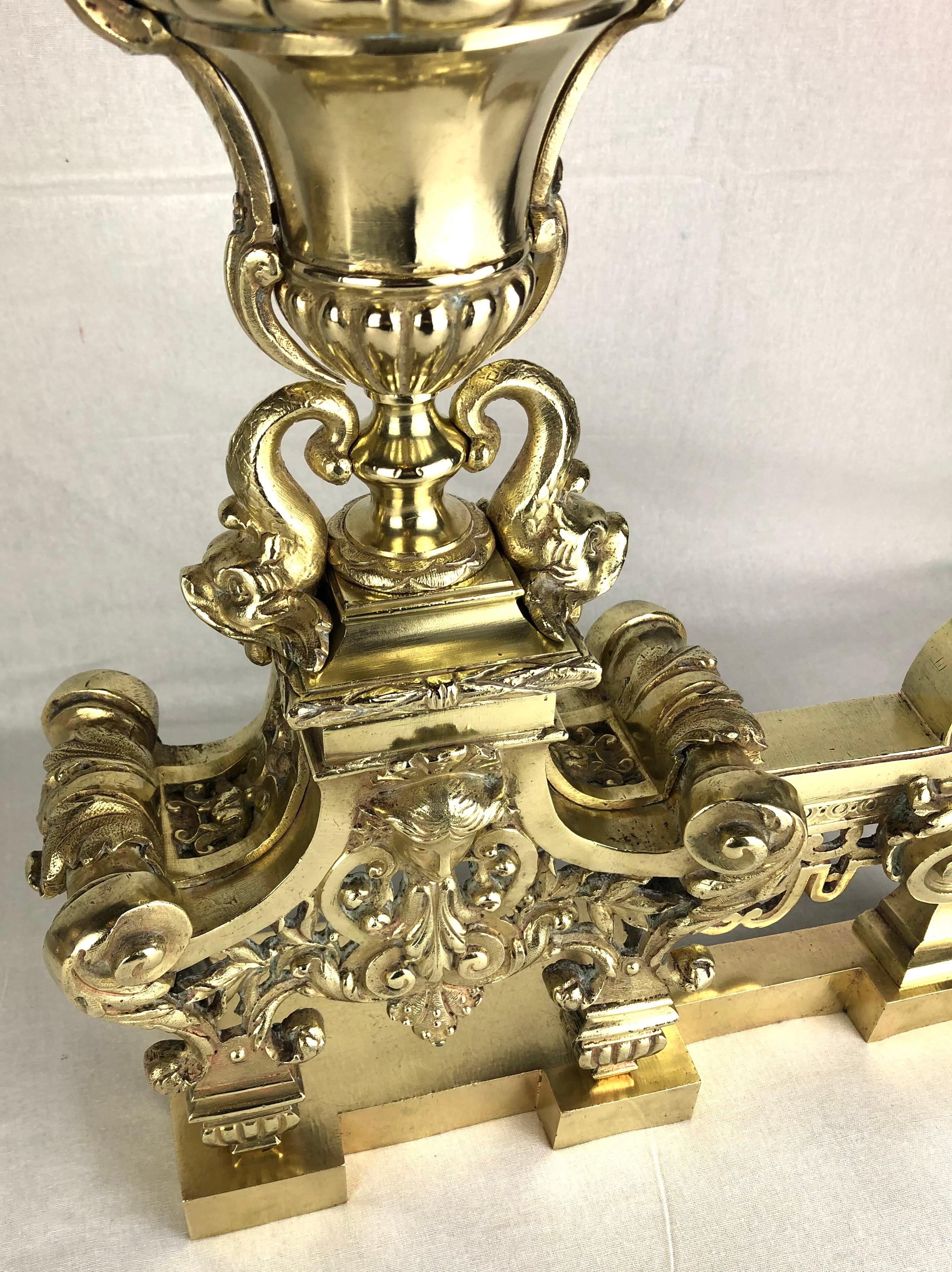 18th Century French Louis XVI Gilded Bronze Fireplace Chenets or Urn Andirons For Sale 5