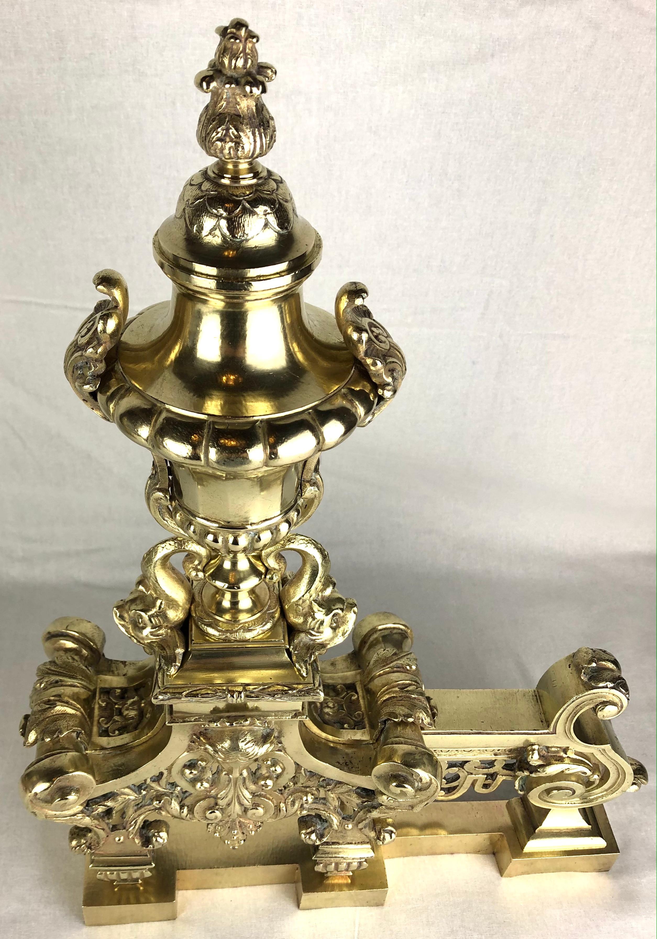 18th Century French Louis XVI Gilded Bronze Fireplace Chenets or Urn Andirons For Sale 7
