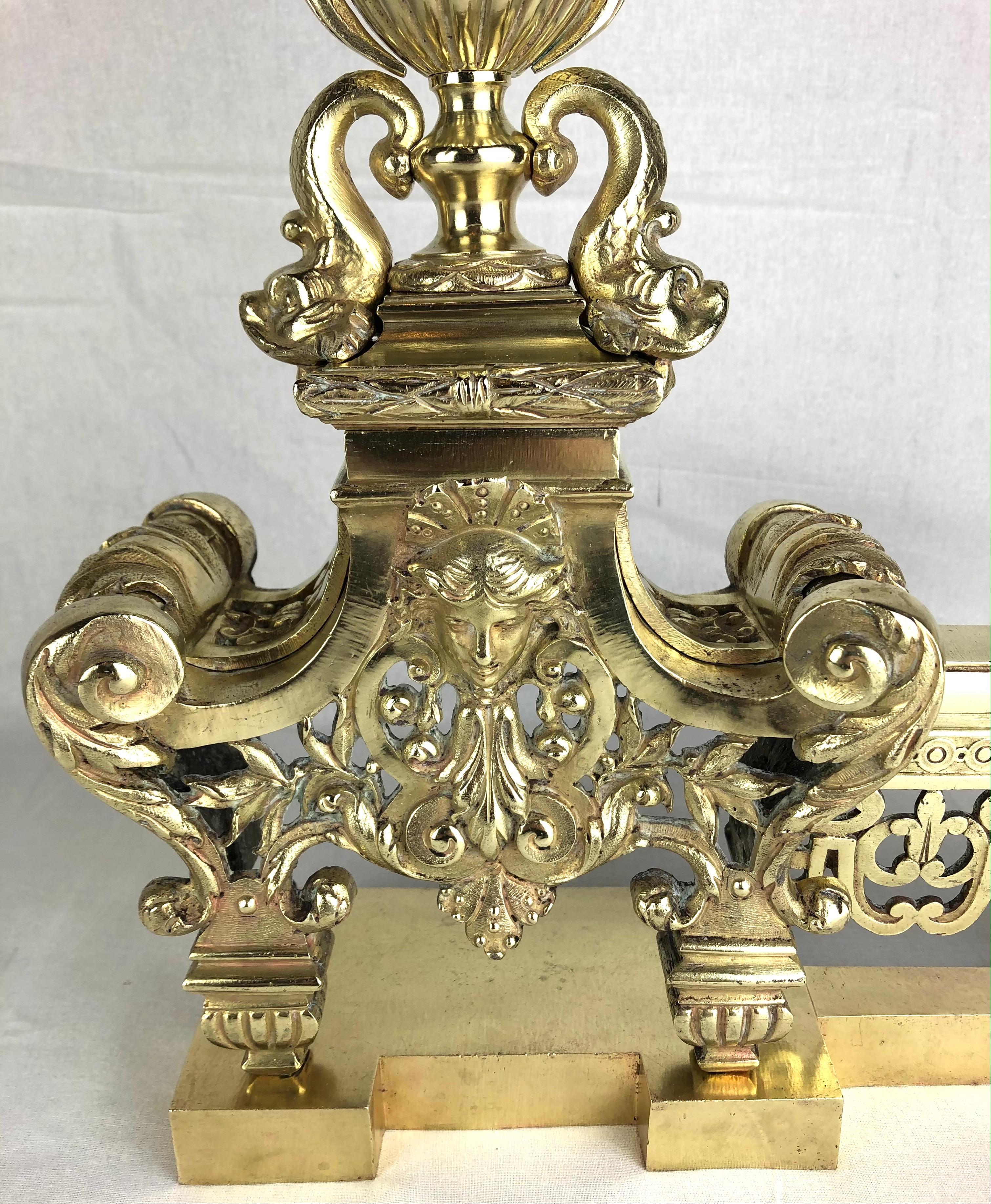 18th Century and Earlier 18th Century French Louis XVI Gilded Bronze Fireplace Chenets or Urn Andirons For Sale