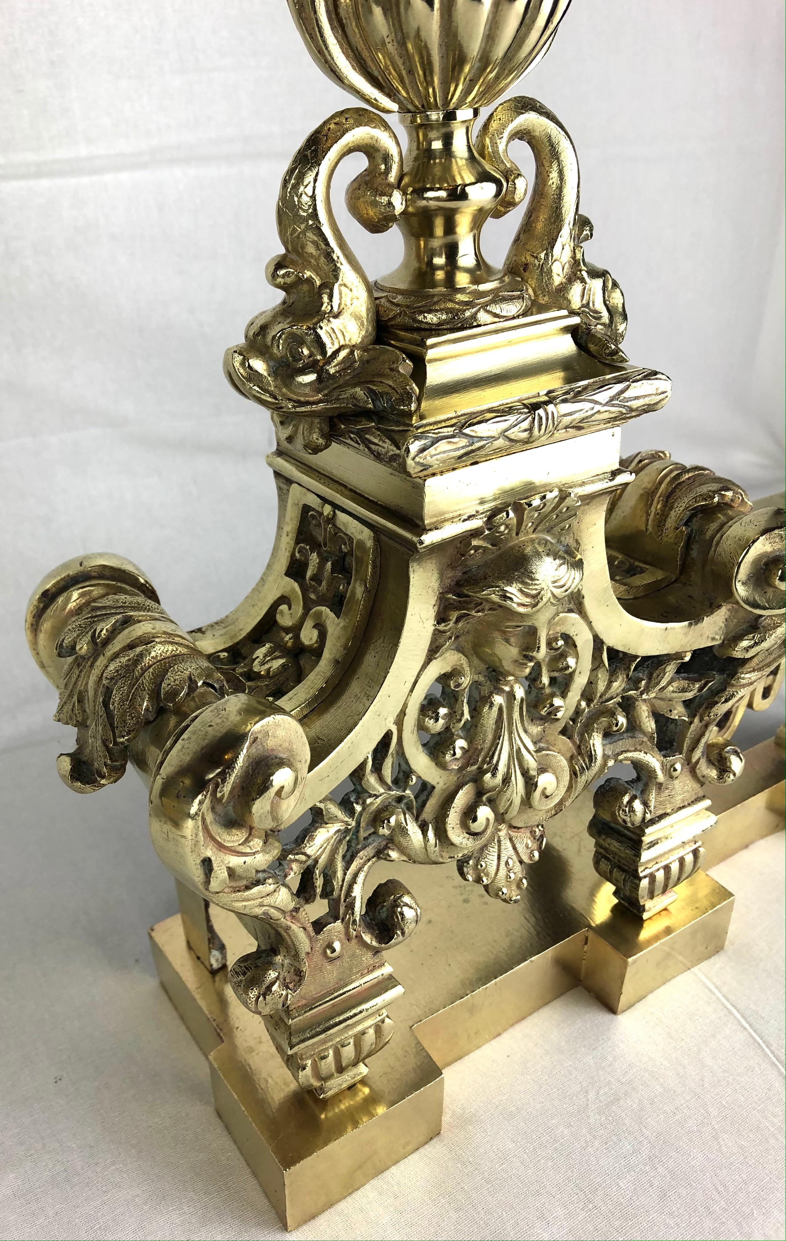 18th Century French Louis XVI Gilded Bronze Fireplace Chenets or Urn Andirons For Sale 1