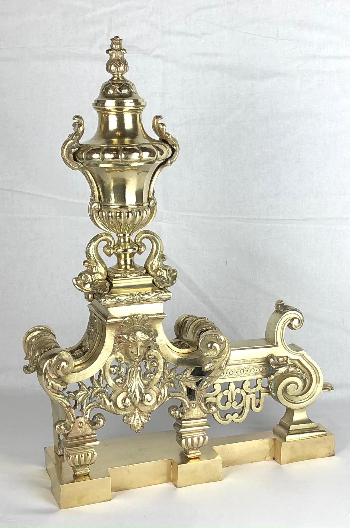 18th Century French Louis XVI Gilded Bronze Fireplace Chenets or Urn Andirons For Sale 3