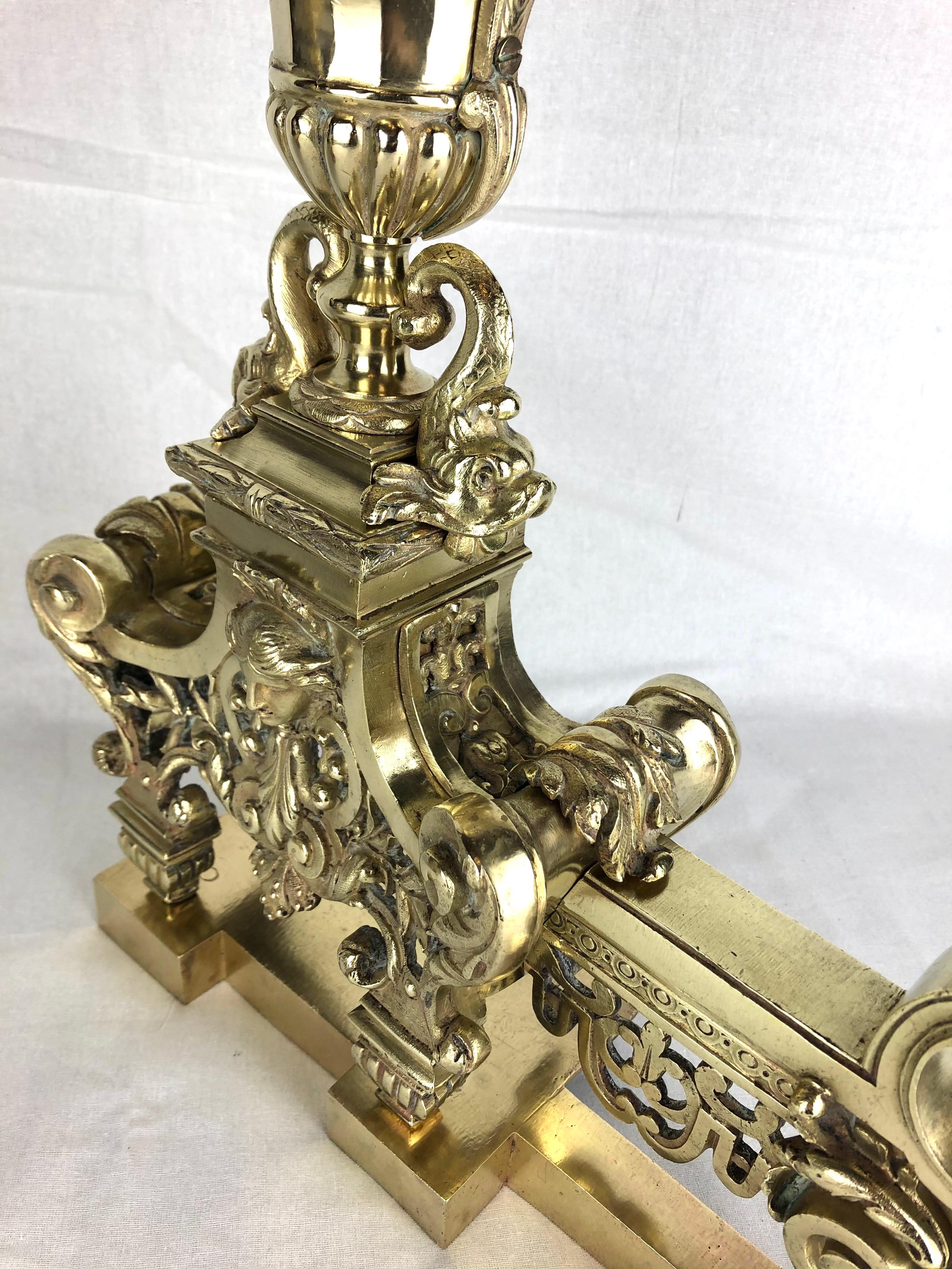 18th Century French Louis XVI Gilded Bronze Fireplace Chenets or Urn Andirons For Sale 4