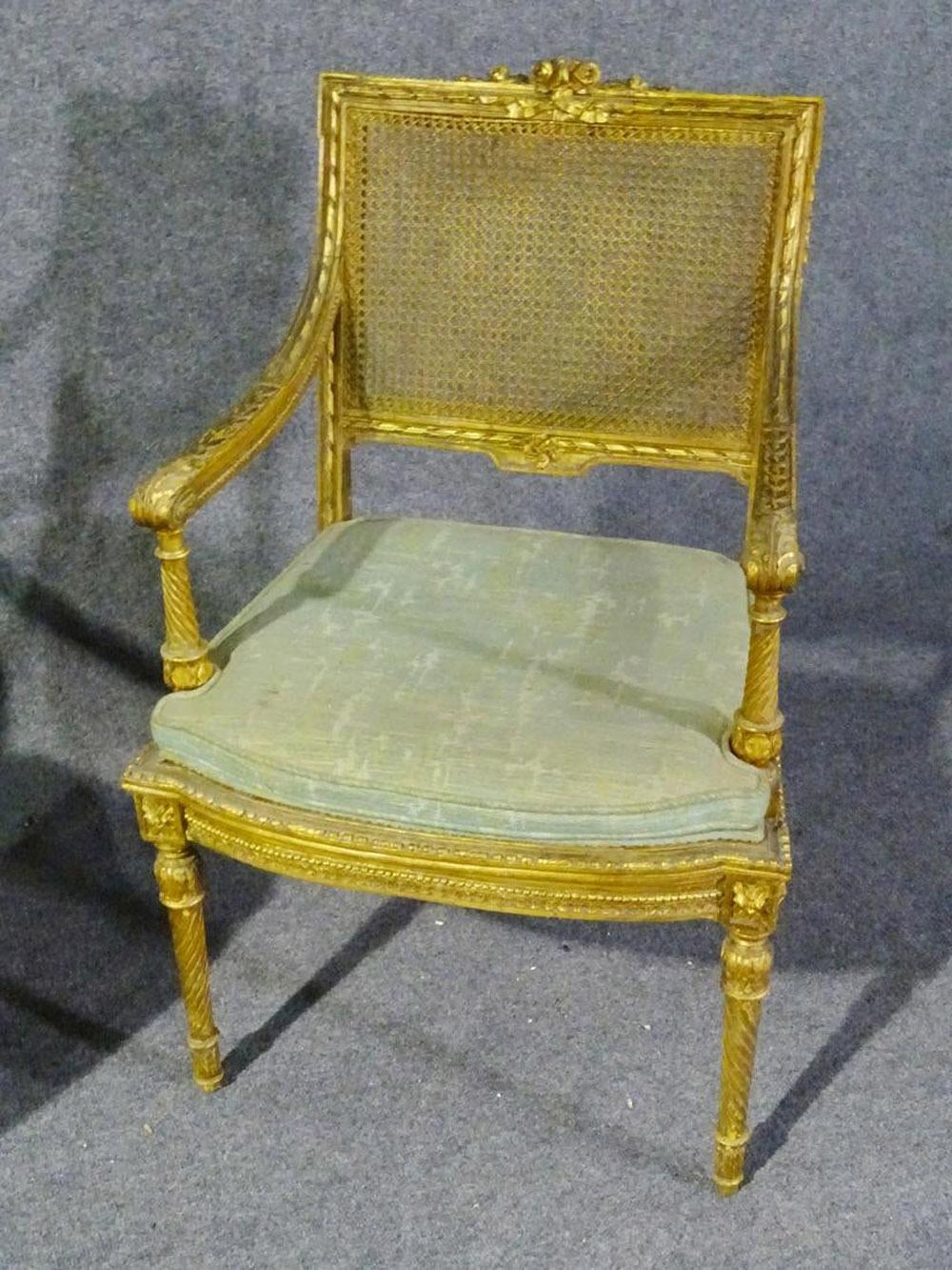 Pair of French Louis XVI Gilded Caned Armchairs Armchairs Fauteuils, circa 1920s In Good Condition In Swedesboro, NJ