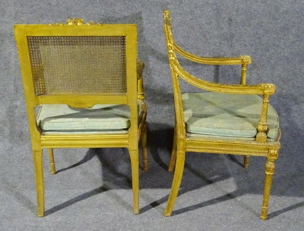 Pair of French Louis XVI Gilded Caned Armchairs Armchairs Fauteuils, circa 1920s 1