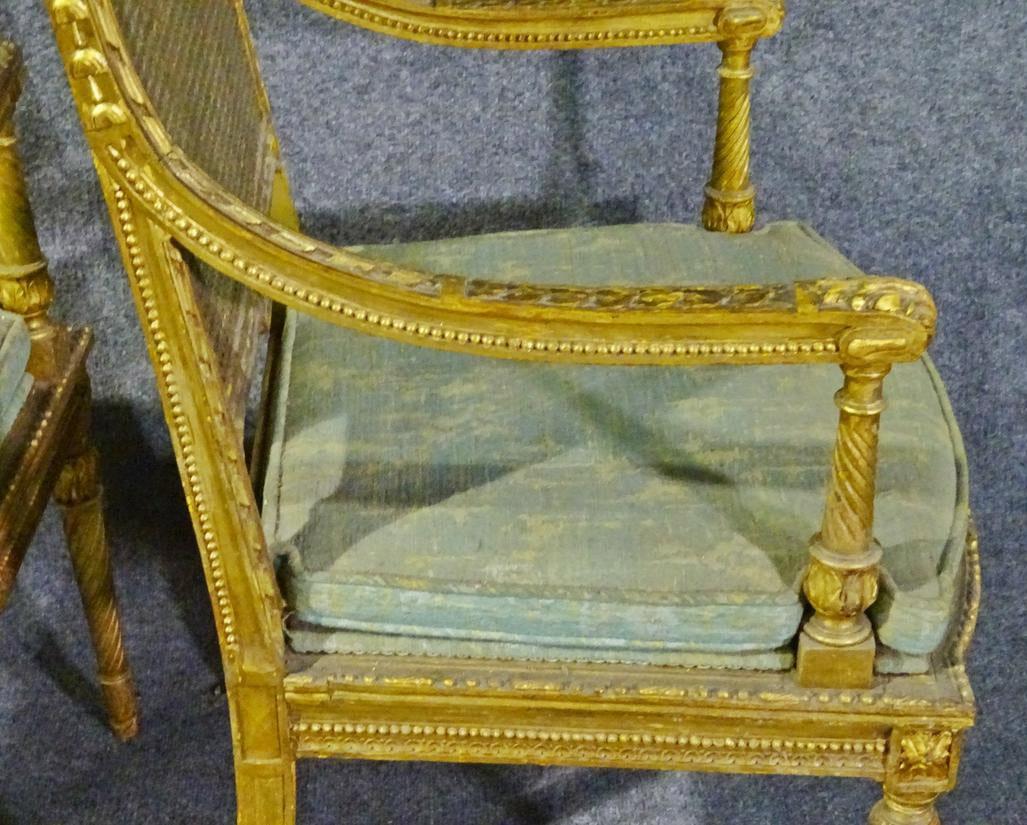 Pair of French Louis XVI Gilded Caned Armchairs Armchairs Fauteuils, circa 1920s 2