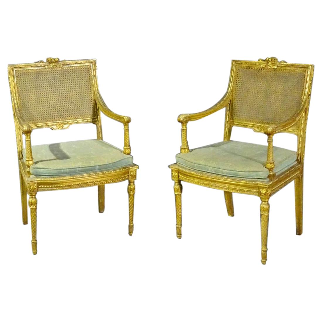 Pair of French Louis XVI Gilded Caned Armchairs Armchairs Fauteuils, circa 1920s