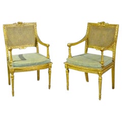 Antique Pair of French Louis XVI Gilded Caned Armchairs Armchairs Fauteuils, circa 1920s