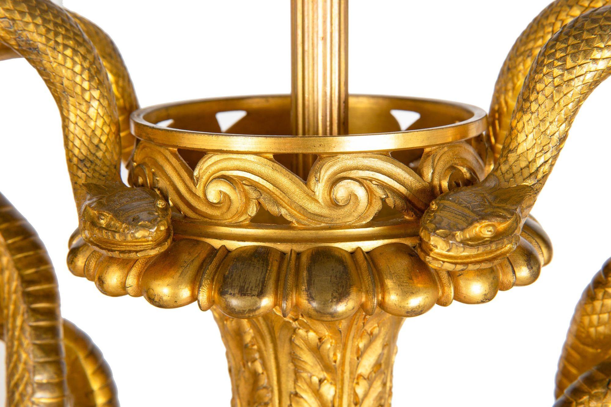 Pair of French Louis XVI Gilt Bronze Lamps with Snake Handles circa 1870 For Sale 9