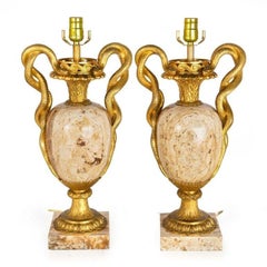 Pair of French Louis XVI Gilt Bronze Lamps with Snake Handles circa 1870