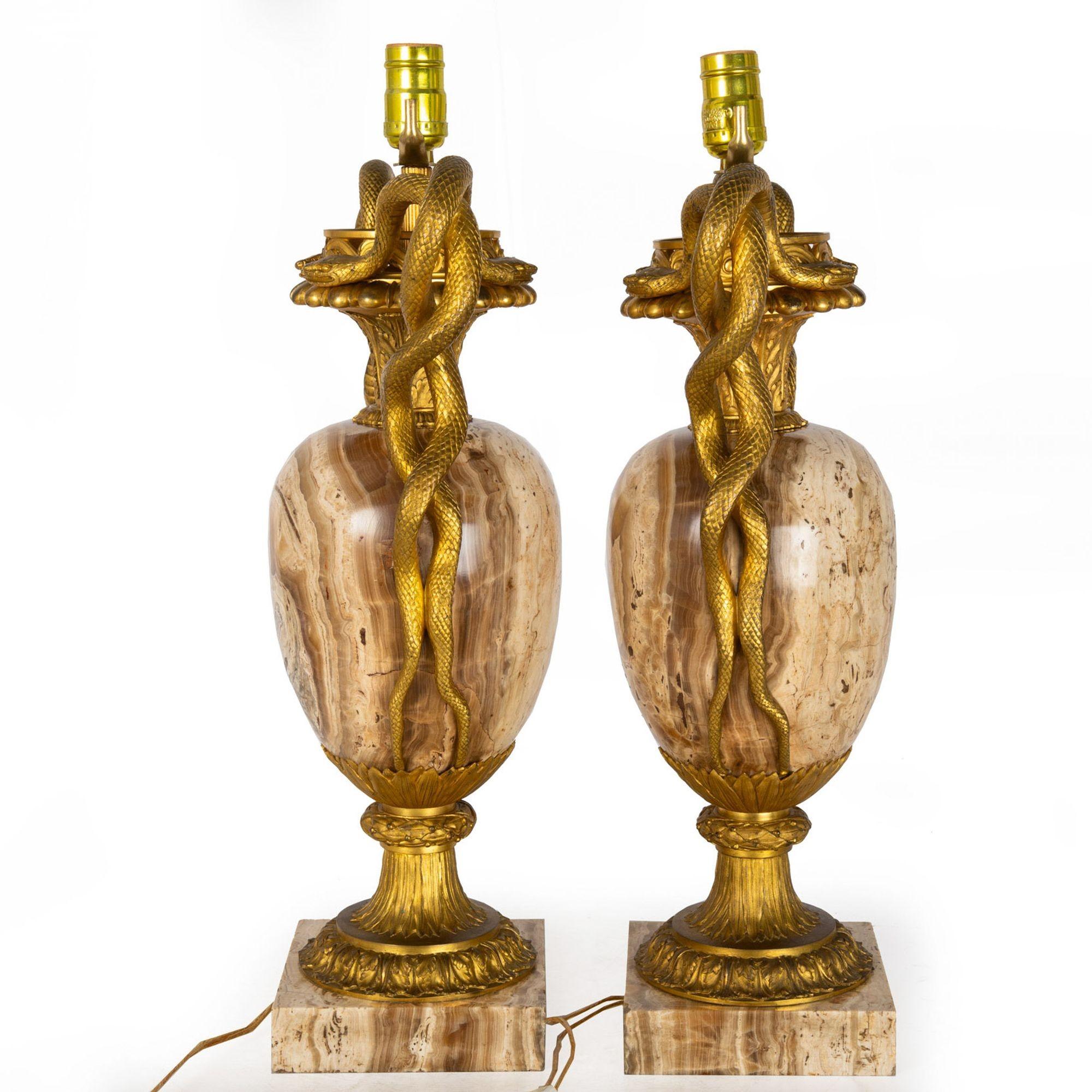 19th Century Pair of French Louis XVI Gilt Bronze Lamps with Snake Handles circa 1870 For Sale