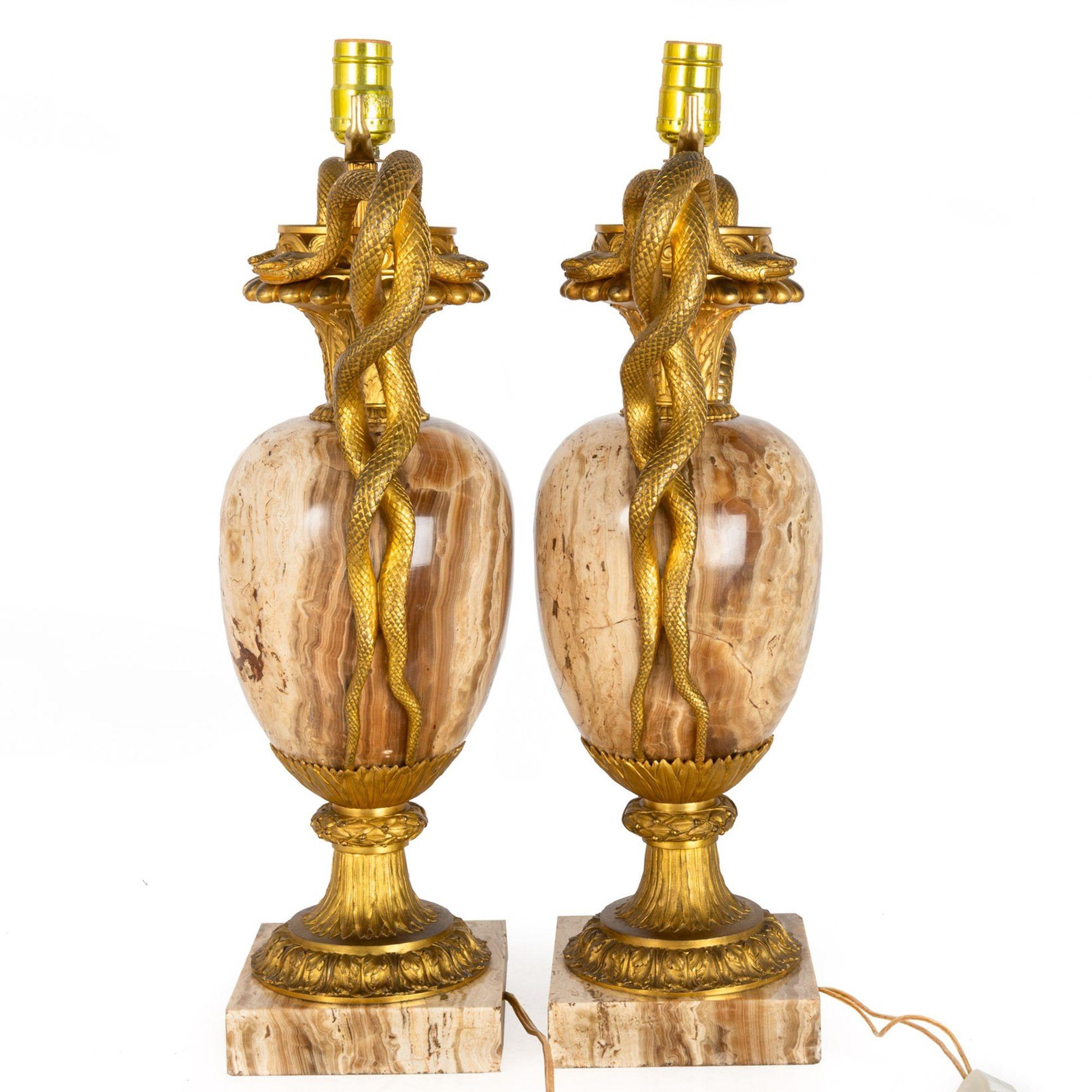 Pair of French Louis XVI Gilt Bronze Lamps with Snake Handles circa 1870 For Sale 1