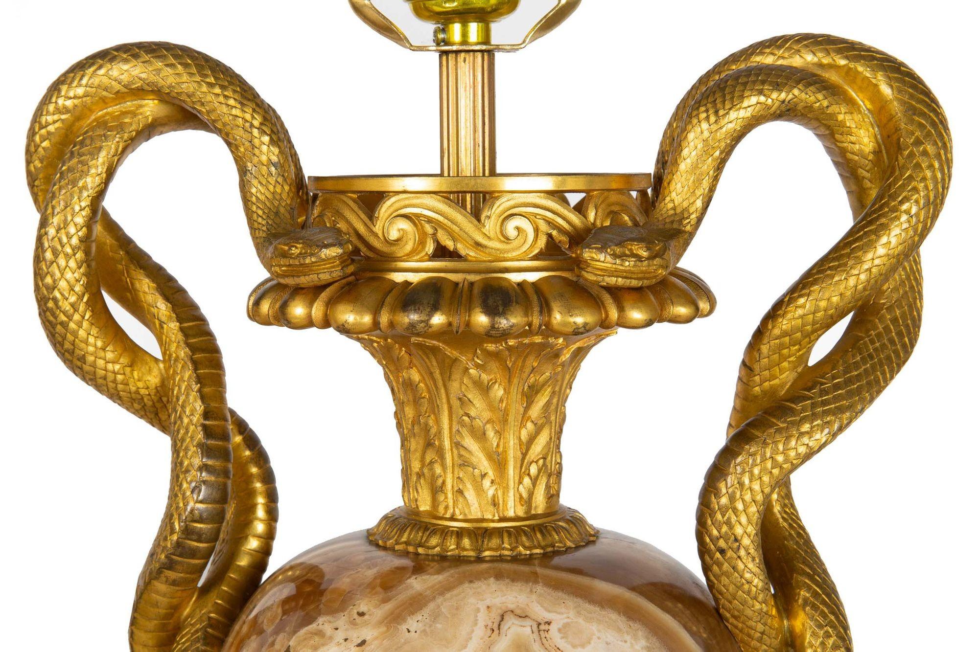 Pair of French Louis XVI Gilt Bronze Lamps with Snake Handles circa 1870 For Sale 2