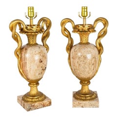 Pair of French Louis XVI Gilt Bronze Lamps with Snake Handles circa 1870