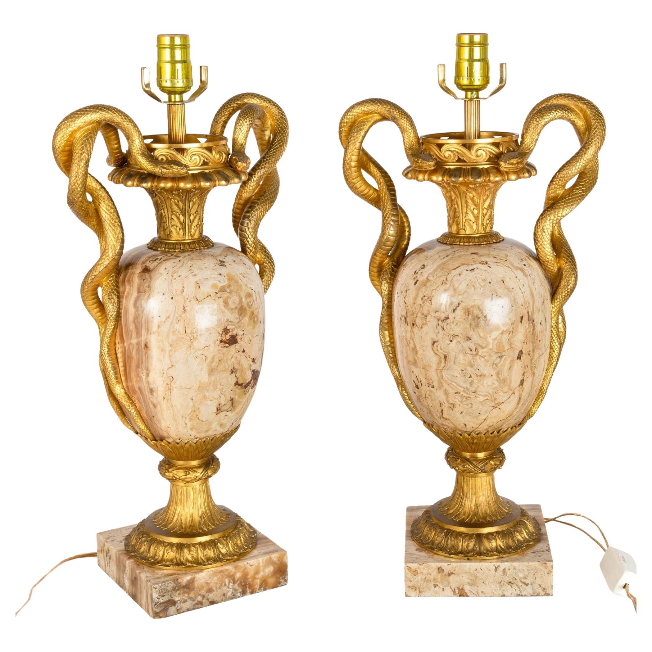 Pair of French Louis XVI Gilt Bronze Lamps with Snake Handles circa 1870 For Sale