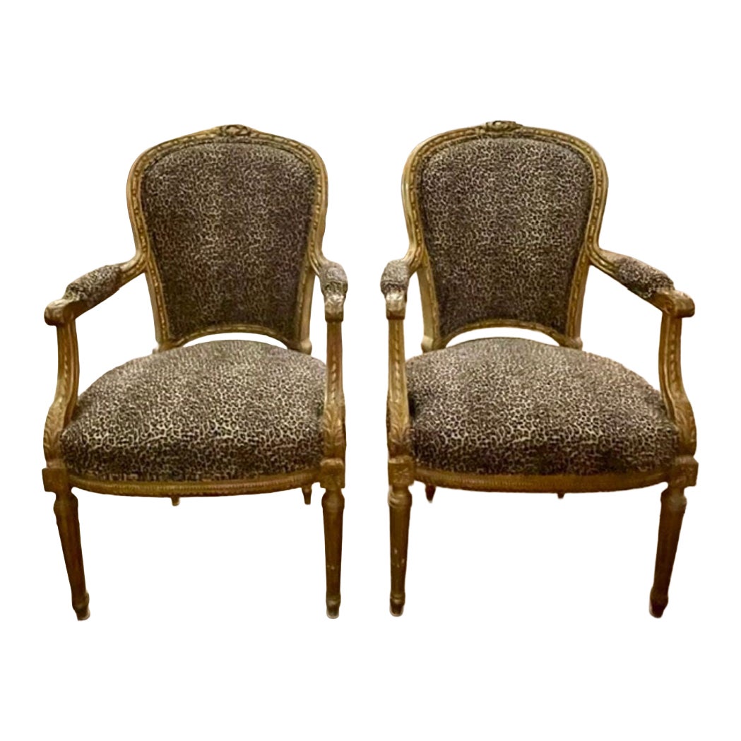 Pair of French Louis XVI Giltwood Armchairs with Leopard Upholstery