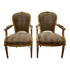 Pair of French Louis XVI Giltwood Armchairs with Leopard Upholstery