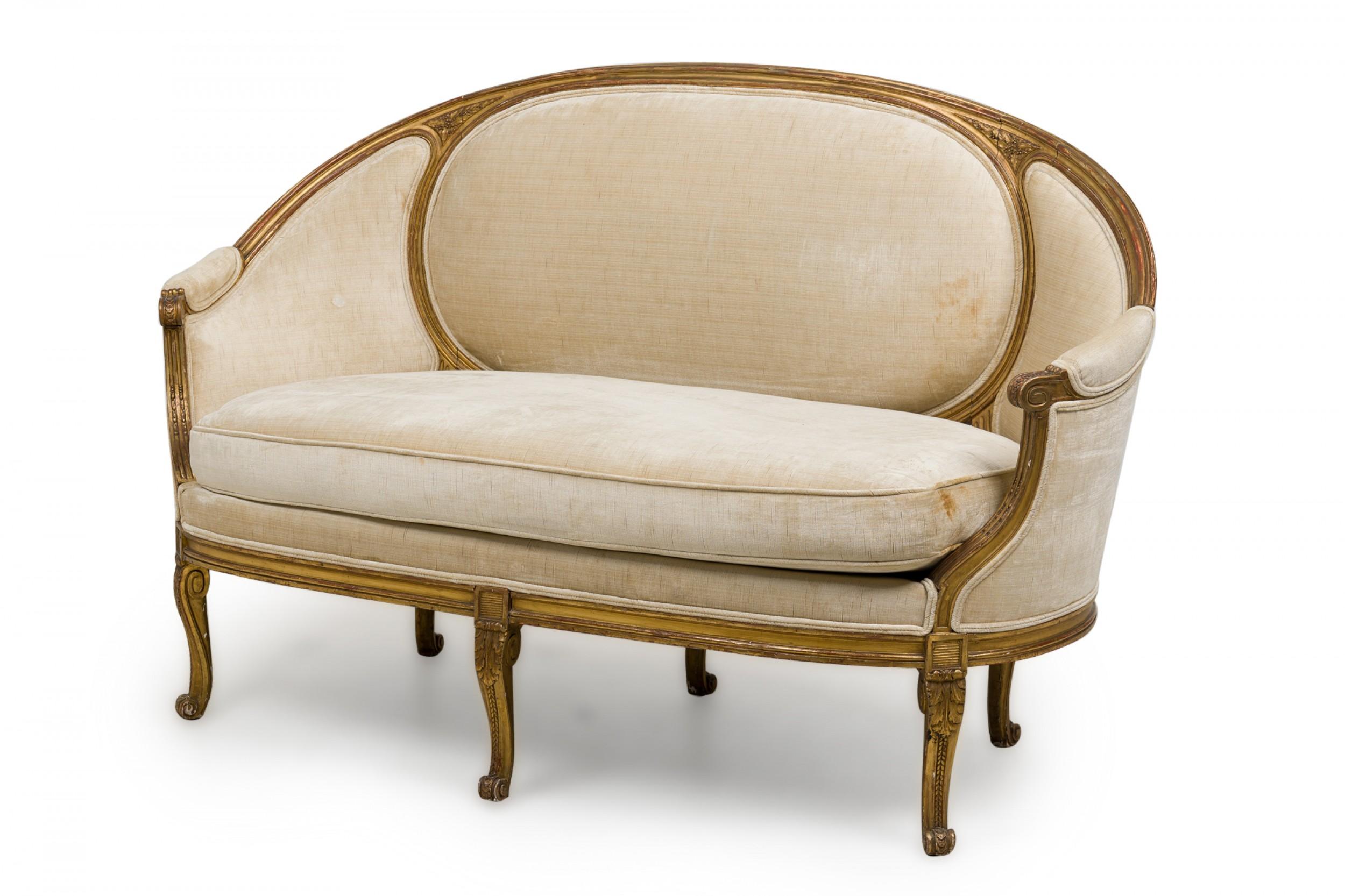 18th Century and Earlier Pair of French Louis XVI Giltwood Beige Upholstered Canapes / Settees For Sale