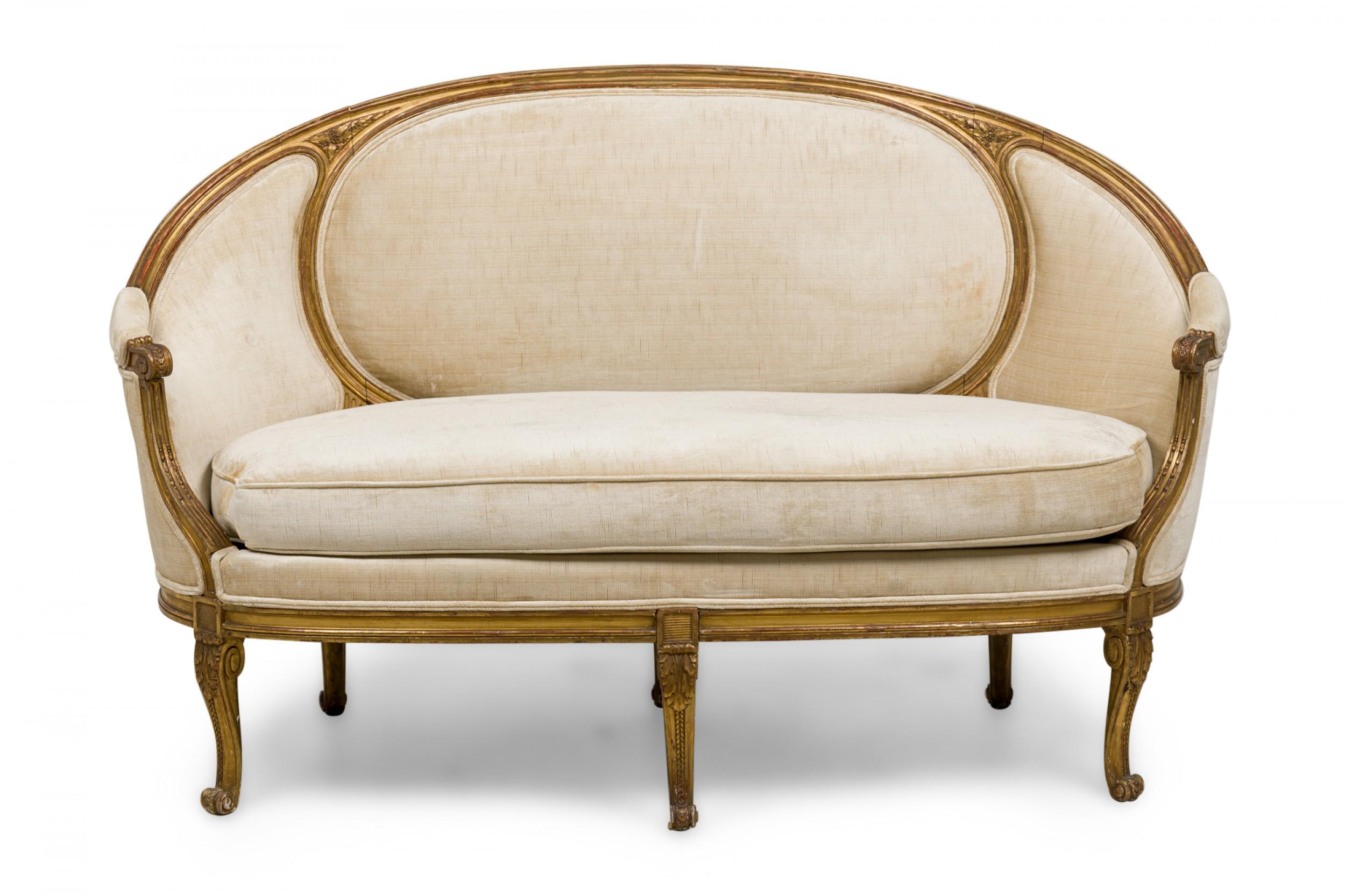 Fabric Pair of French Louis XVI Giltwood Beige Upholstered Canapes / Settees For Sale