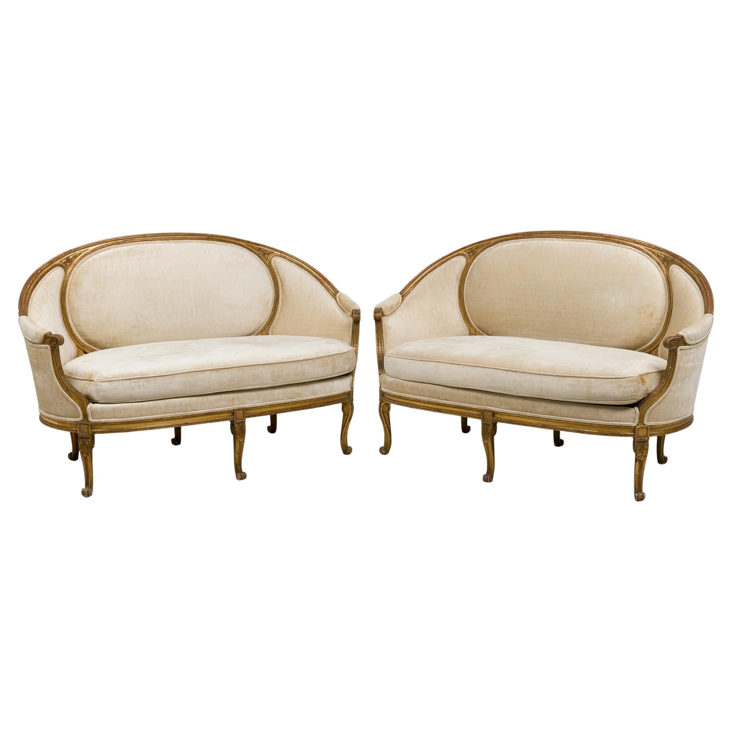 Pair of French Louis XVI Giltwood Beige Upholstered Canapes / Settees For Sale
