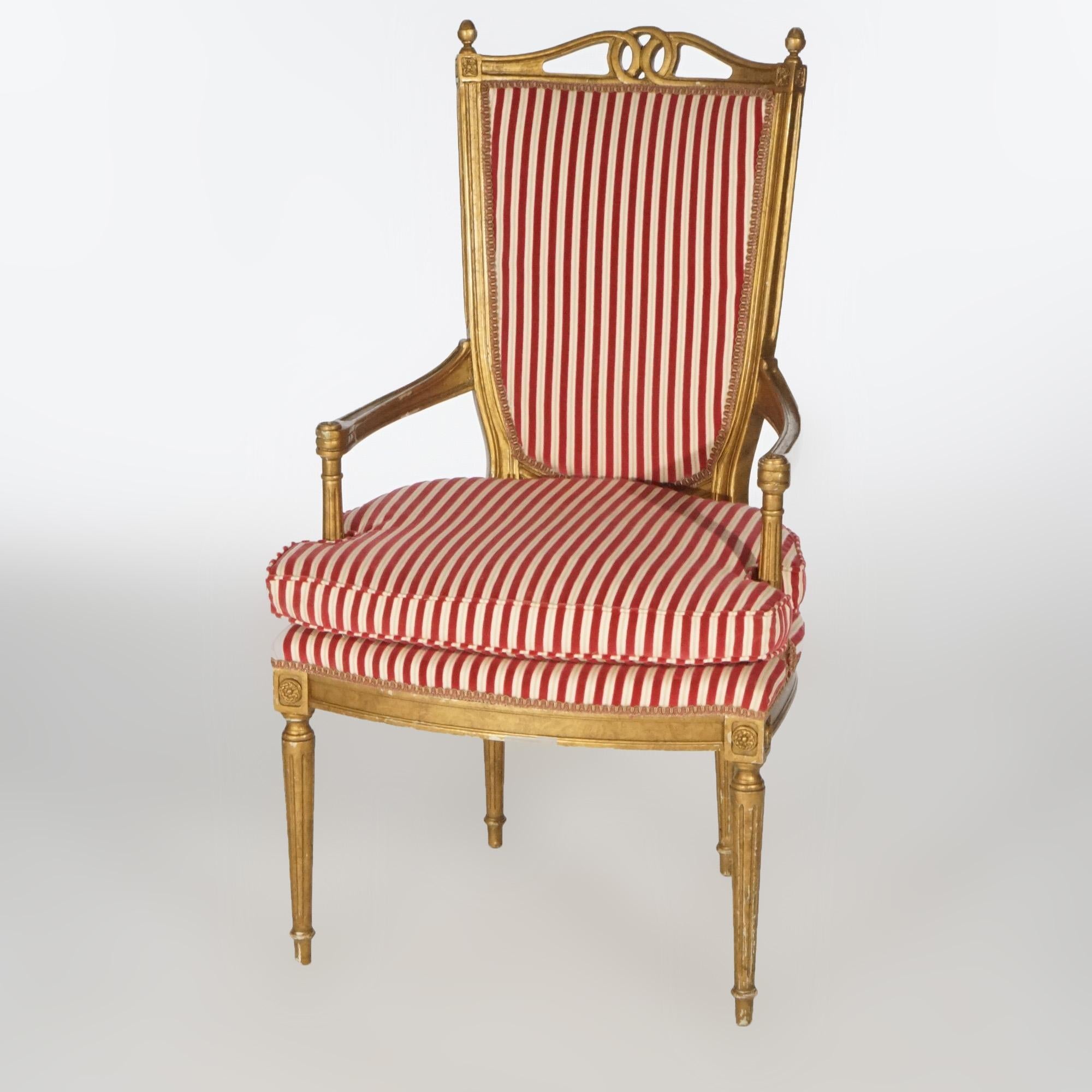 Pair of French Louis XVI Giltwood Upholstered Armchairs 20th Century In Good Condition For Sale In Big Flats, NY