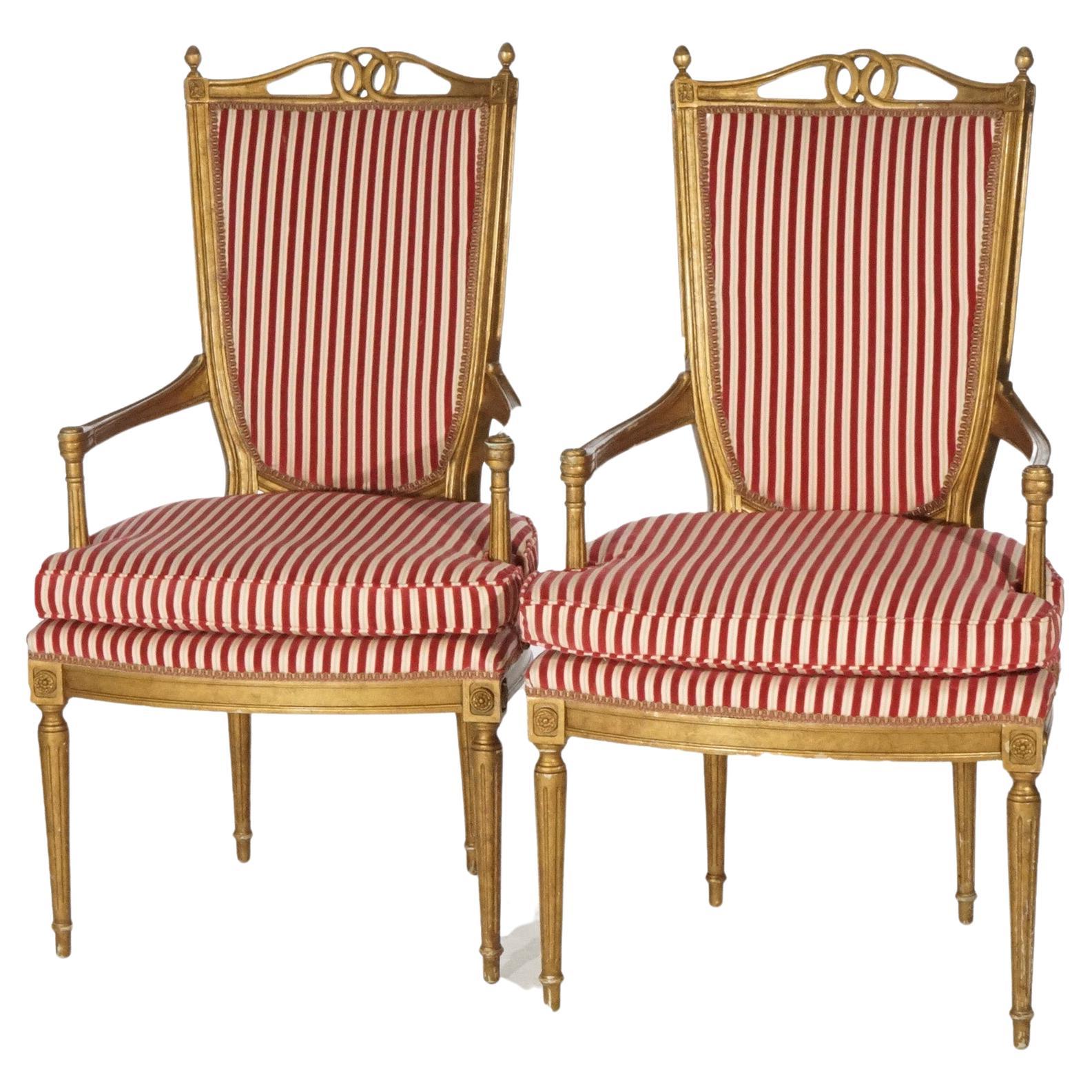 Pair of French Louis XVI Giltwood Upholstered Armchairs 20th Century For Sale