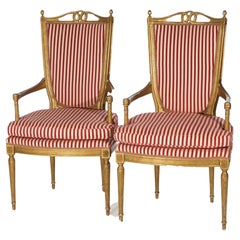 Pair of French Louis XVI Giltwood Upholstered Armchairs 20th Century