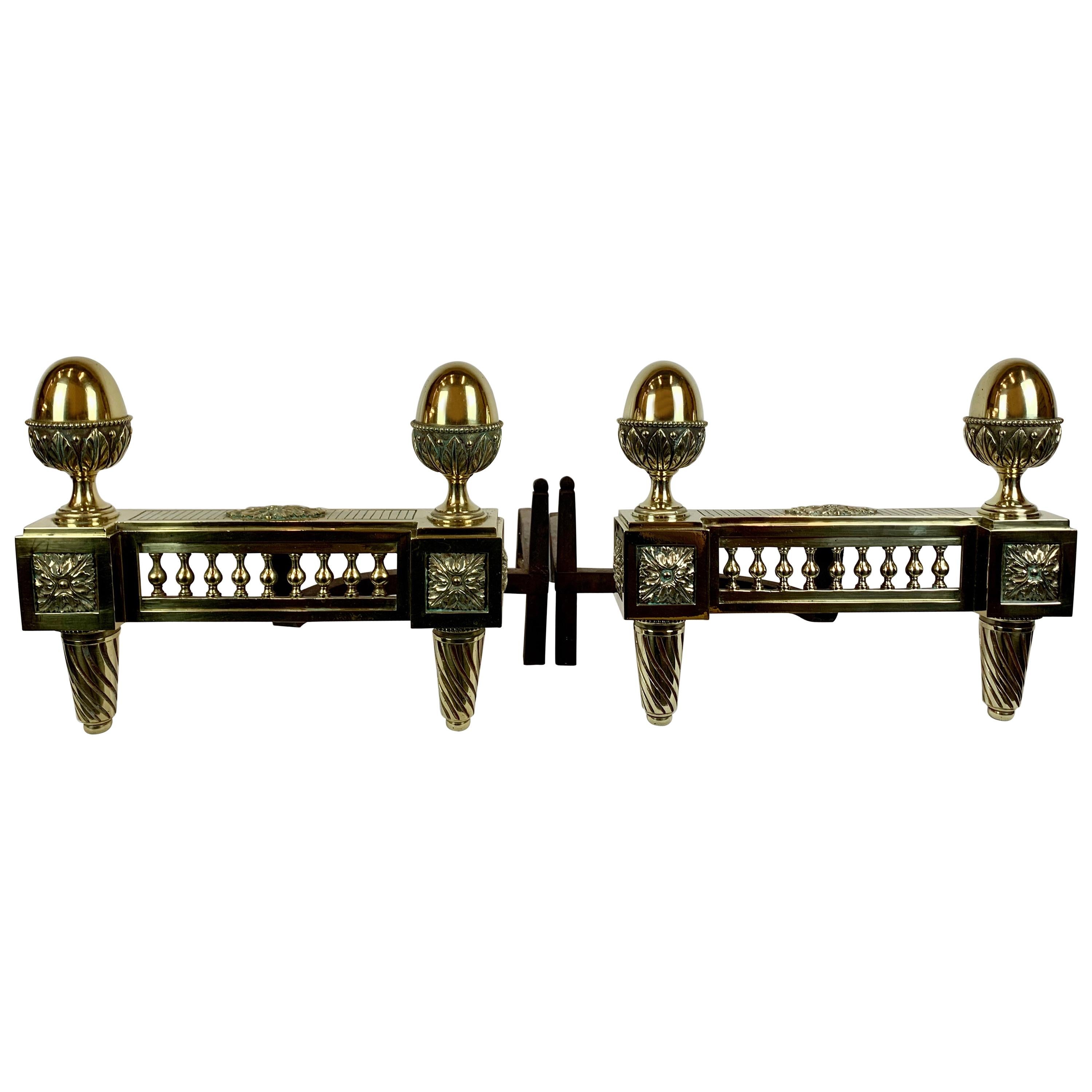 Golden Bronze Andirons, Louis XVI Style, France, 19th c. For Sale