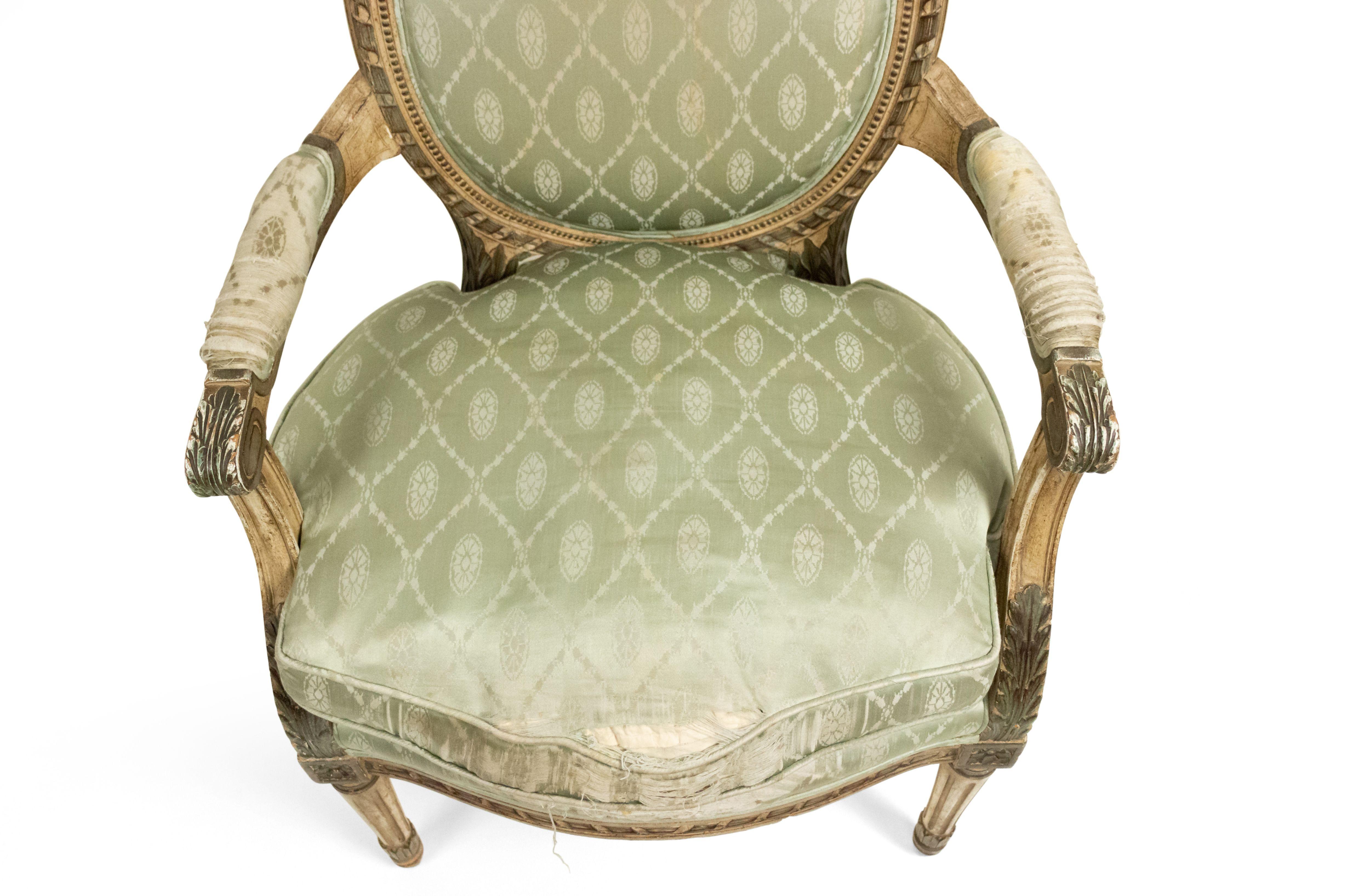 Pair of French Louis XVI Green Silk Armchairs For Sale 3
