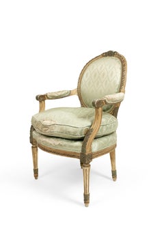 Pair of French Louis XVI Green Silk Armchairs