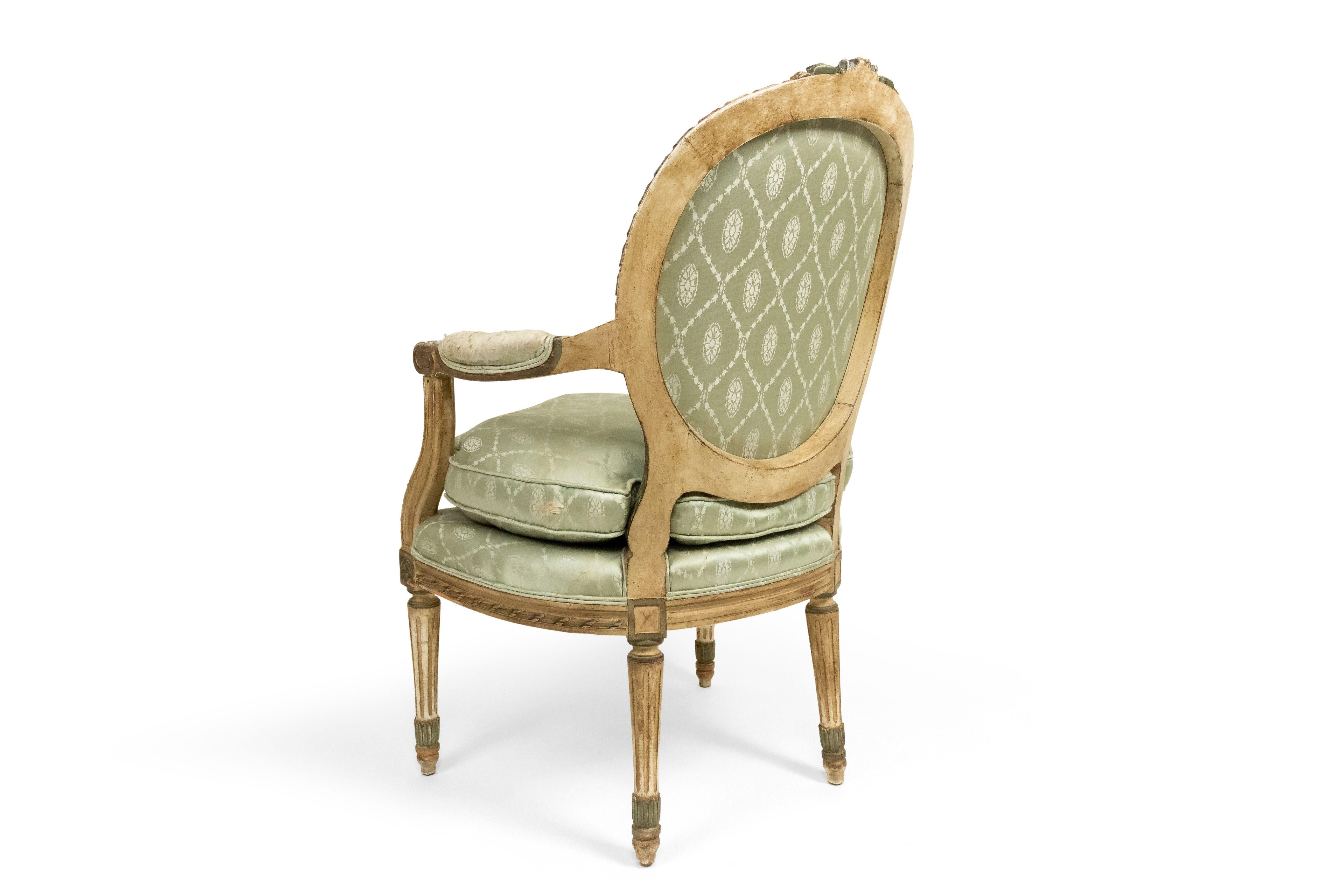 Carved Pair of French Louis XVI Green Silk Armchairs For Sale
