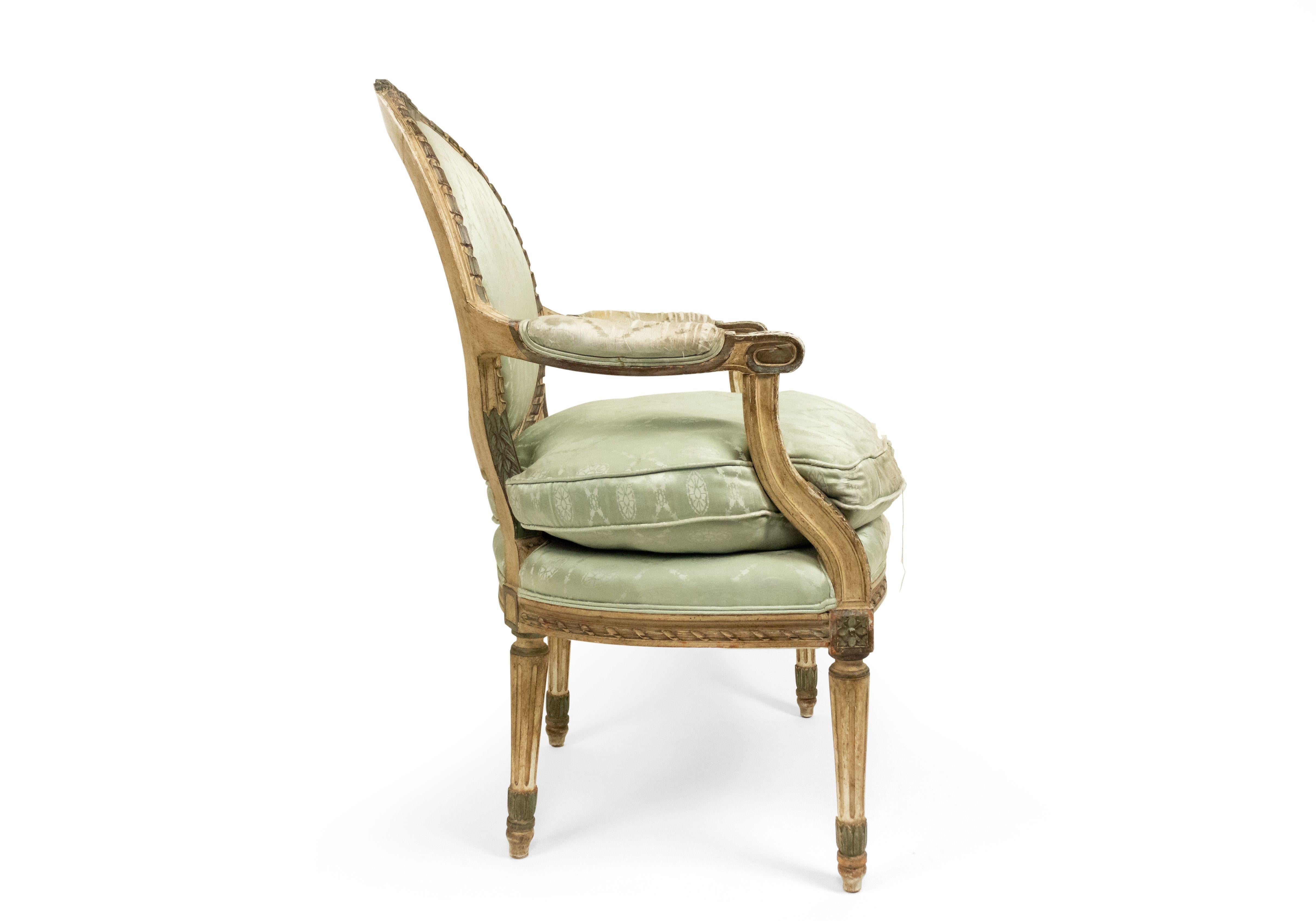 19th Century Pair of French Louis XVI Green Silk Armchairs For Sale