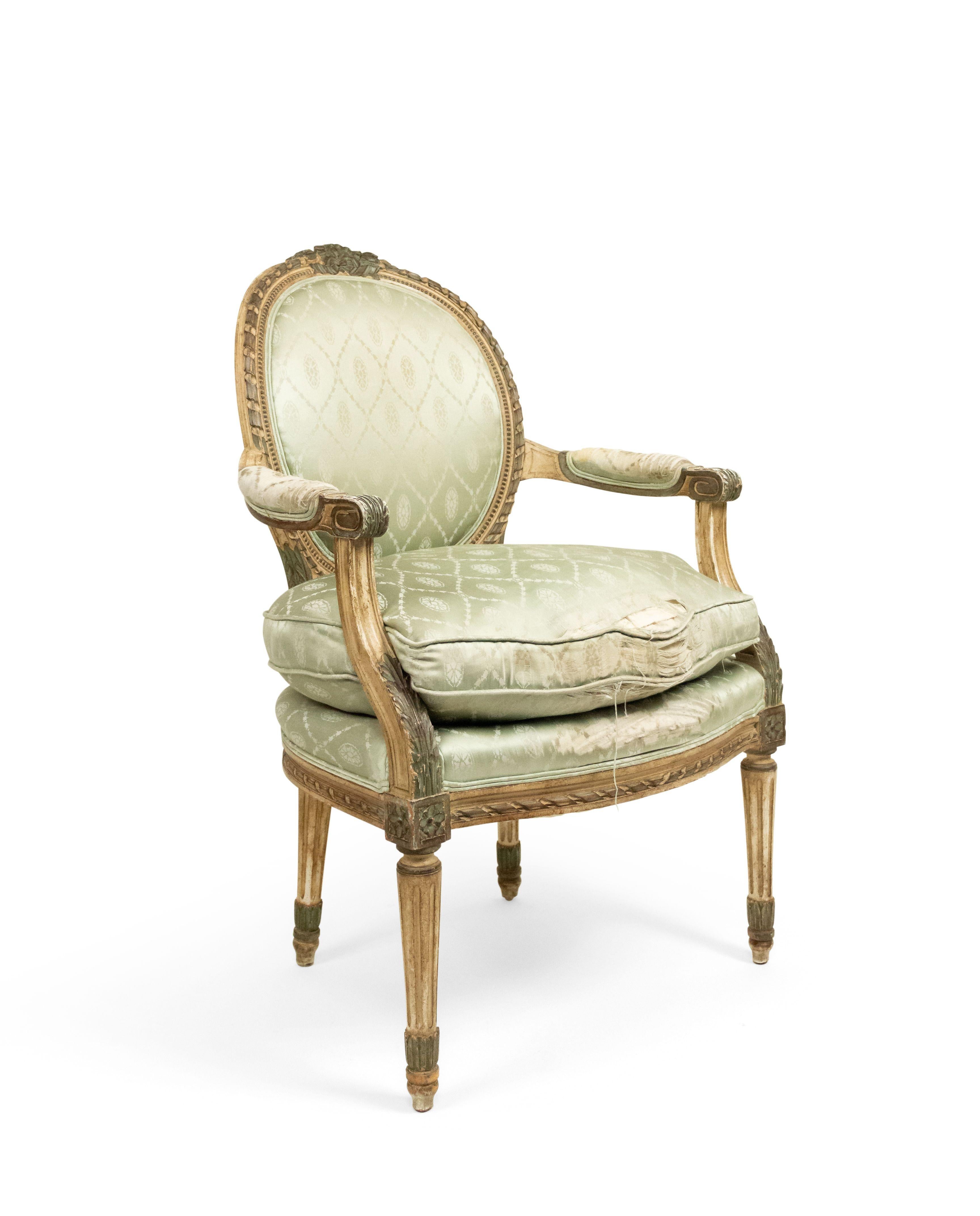 Fabric Pair of French Louis XVI Green Silk Armchairs For Sale
