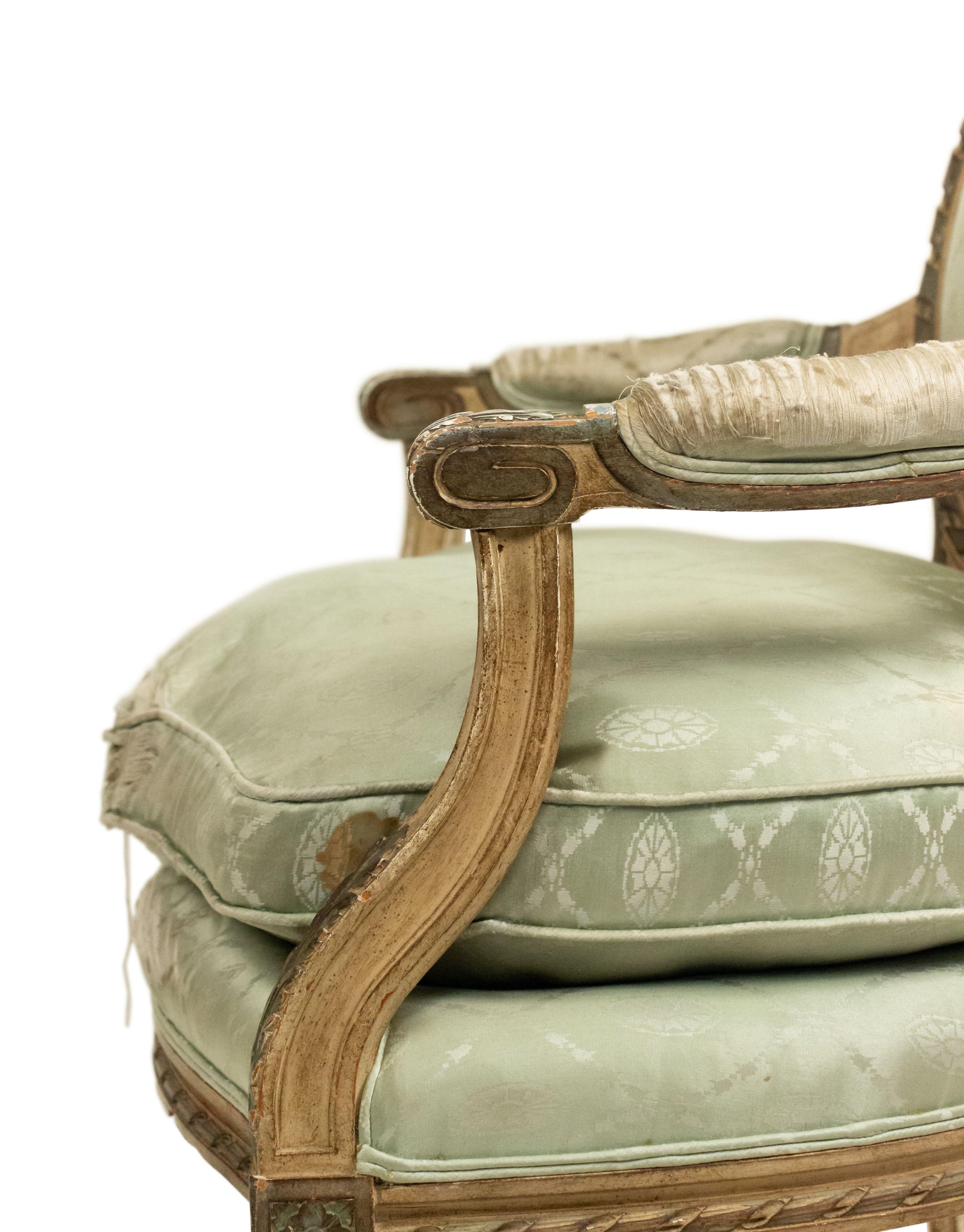Pair of French Louis XVI Green Silk Armchairs For Sale 1
